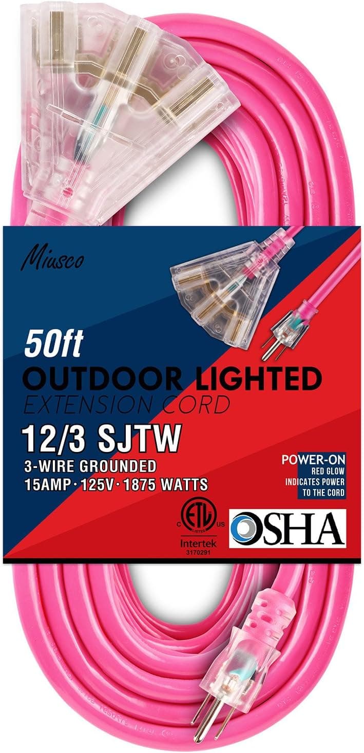 Miusco 50 ft 12 Gauge Heavy Duty Outdoor Extension Cord, 3 Prong, 12/3 SJTW, Triple Outlets, Lighted Plug, Fluorescent Pink
