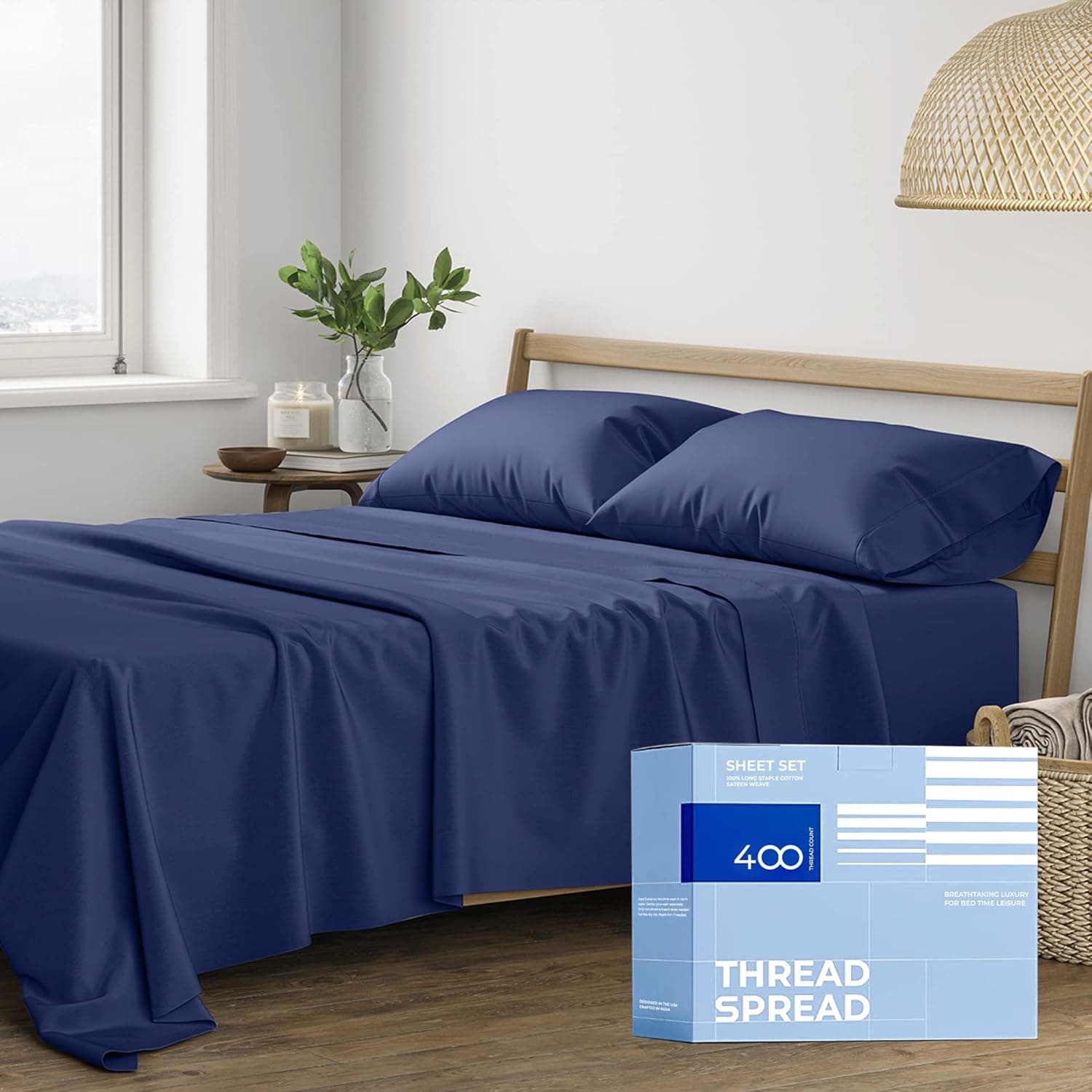 100% Cotton Queen Size Sheet Set - 4 Pc Set - Hotel Luxury Bed Sheets - Deep Pocket - Easy Fit - Breathable & Cooling Sheets - Comfy - 400 Thread Count Sateen Weave Navy Blue Bedsheets - Queens Sheets