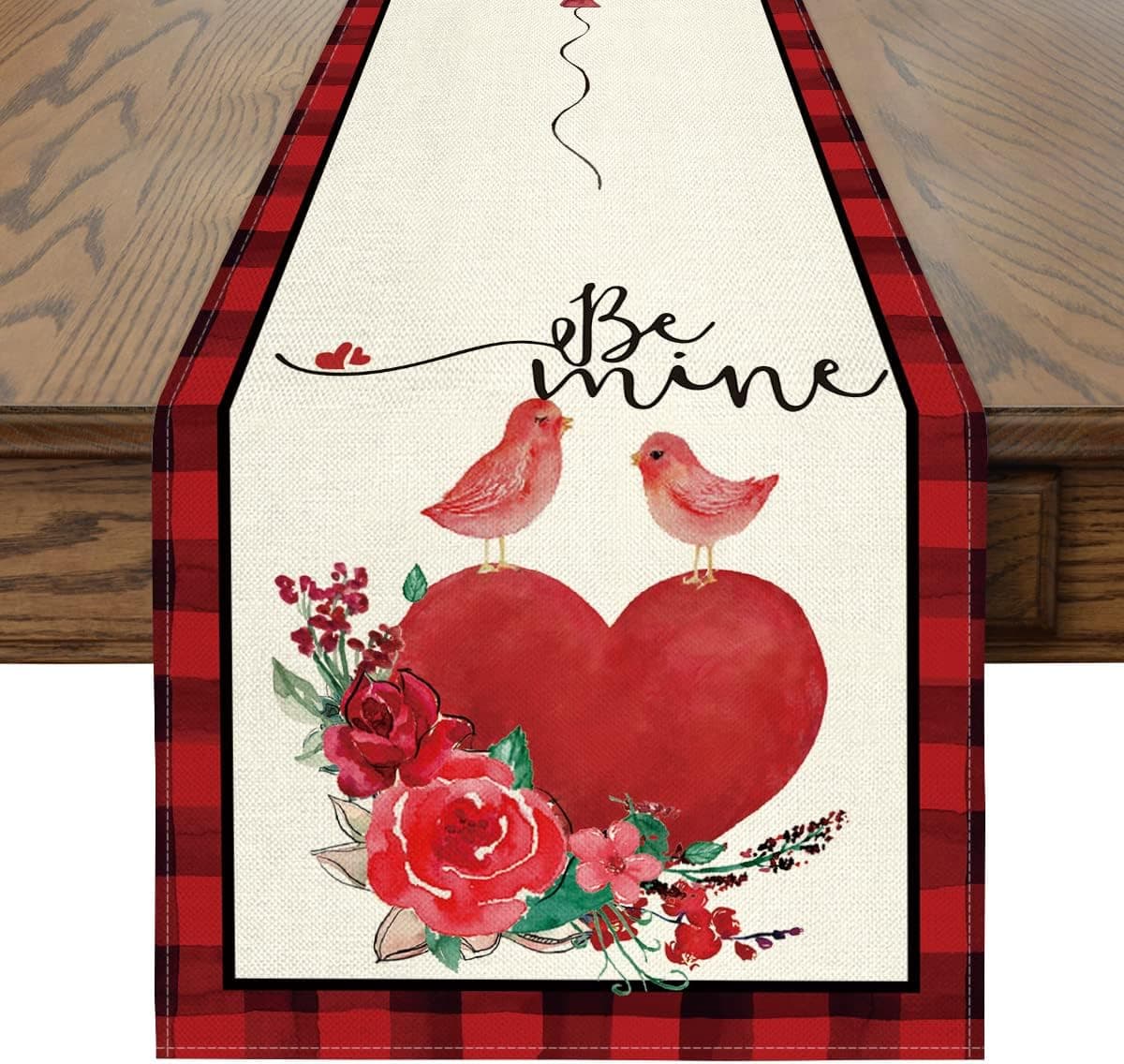 Artoid Mode Red Buffalo Plaid Be Mine Bird Heart Balloon Rose Valentine's Day Table Runner, Seasonal Anniversary Wedding Holiday Kitchen Dining Table Decor for Indoor Outdoor Home Party 13 x 72 Inch