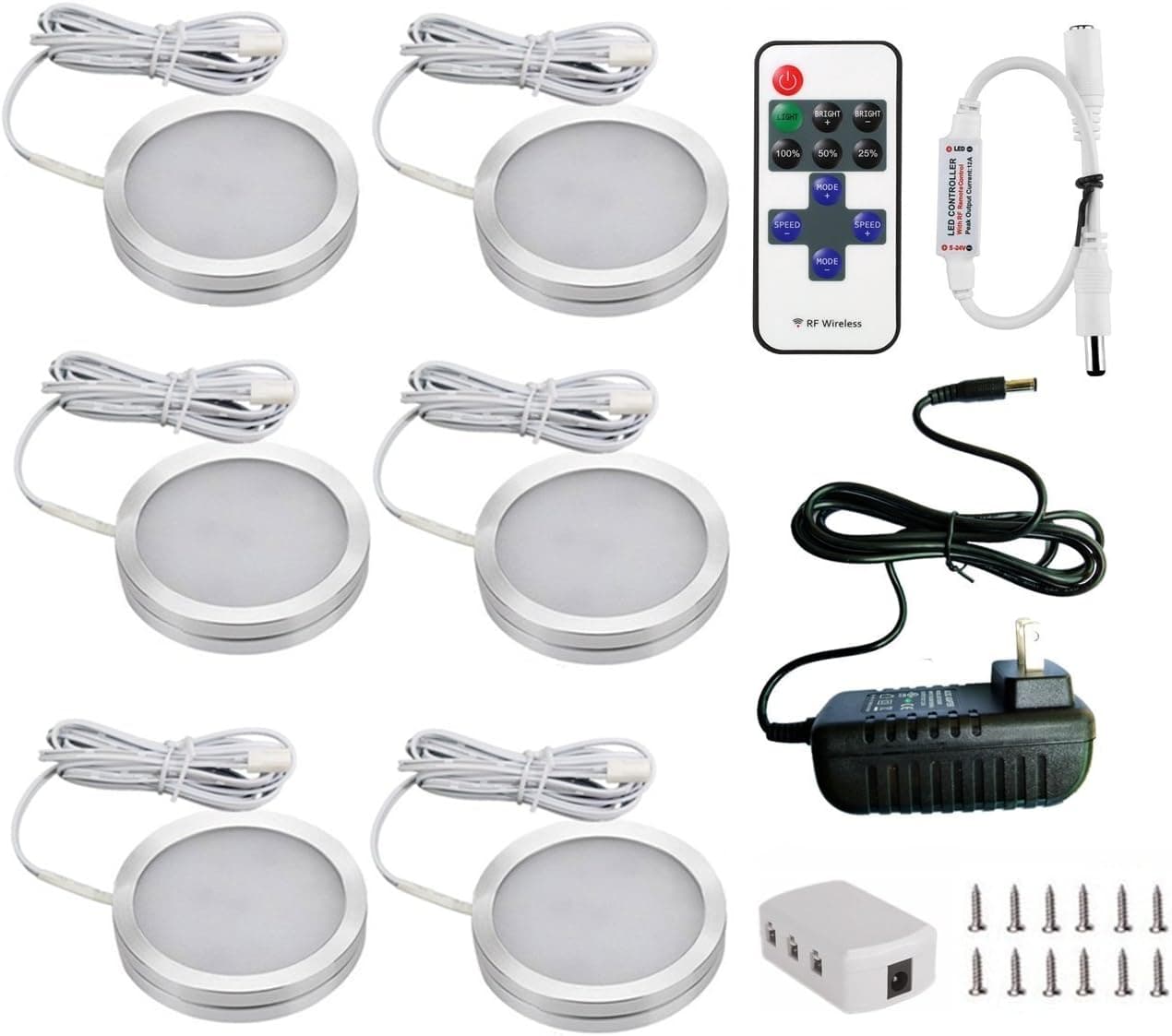 Xking 6 Puck Lights LED Wireless Kitchen Under Cabinet Lighting Dimmable with RF Remote Controller, DC12V Total 12W (Warm White)