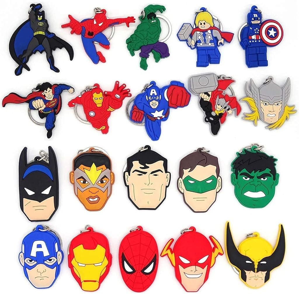 Howell 20 PACK Superhero Keychain for Boys Girls Kids Theme Birthday Party Supplies Party Bag Pendant Gift Fillers Key Tags Goodie Bag Stuffer Holiday Charms Key Chains, Blue, 1.4'' x 4''