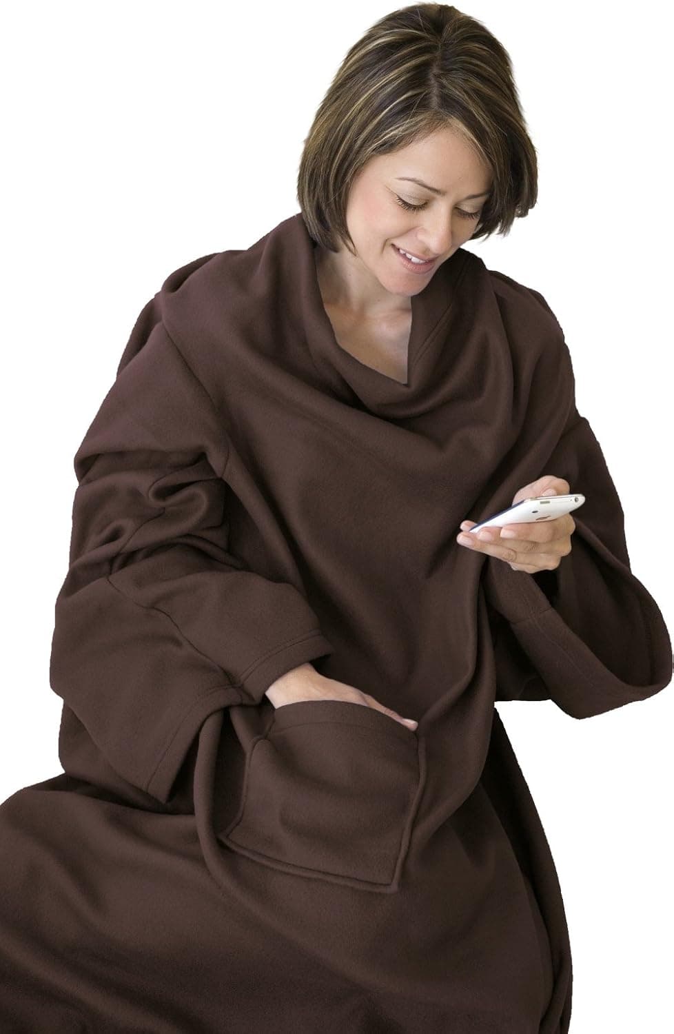 KC Caps Super Soft Fleece Blanket with Sleeves and Pocket, Super Cozy Microplush Wearable Throw for Women and Men Adult Comfy Throw Robe, 53" x 71", Brown