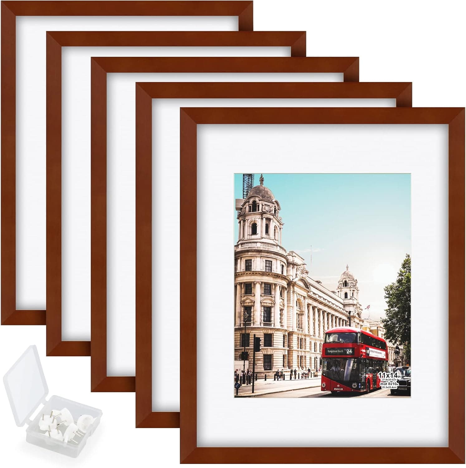 RR ROUND RICH DESIGN Solid Wood 11x14 Picture Frames 5PK Display 8x10 with Mat or 11x14 Without Mat Wall Mounting Photo Frame Brown