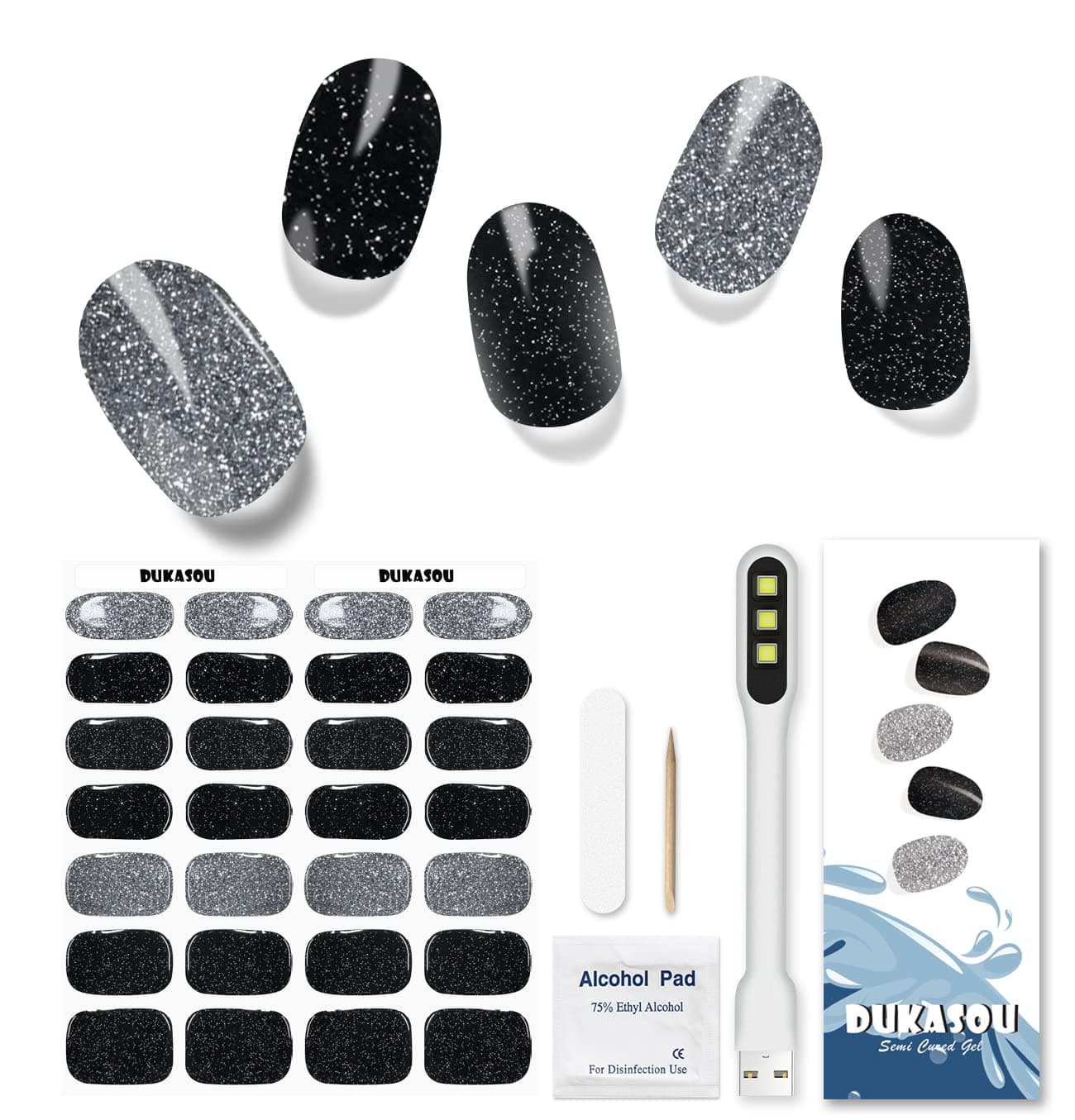 DUKASOU Semi Cured Gel Nail Strips, 28pcs Black Glitter Gel Nail Strips with UV/LED Light, Long Lasting Gel Nail Stickers Full Nail Wraps for Women Girls Kids Diy Decorations Birthday Party Favor Gifts, Includes Prep Pads, Nail File & Wood Stick