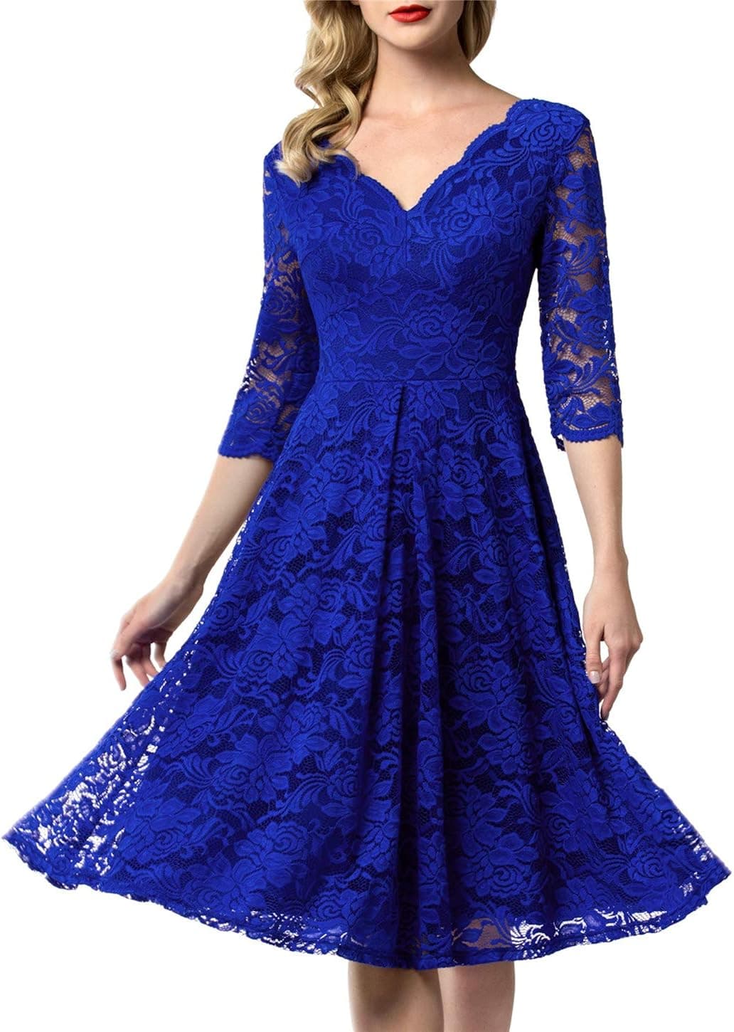 Aonour Women's Vintage Floral Lace Bridesmaid Dress 3/4 Sleeve Wedding Party Midi Dress