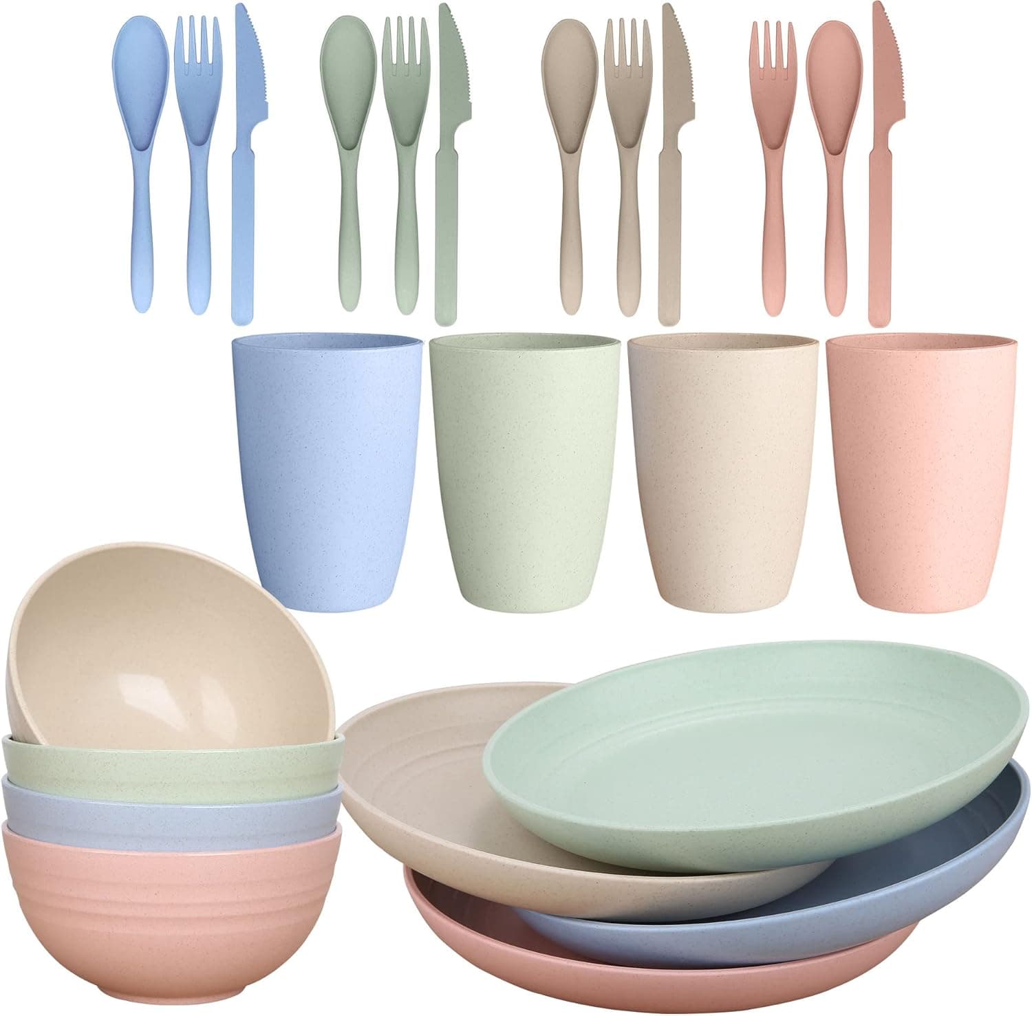 LuckyZone Wheat Straw Dinnerware Sets for 4 - Lightweight Plates, Bowls Cups & Cutlery - Reusable Dinner Camping Picnic Dishes - Dishwasher Microwave Safe, Eco Friendly (24Pcs/4Color)