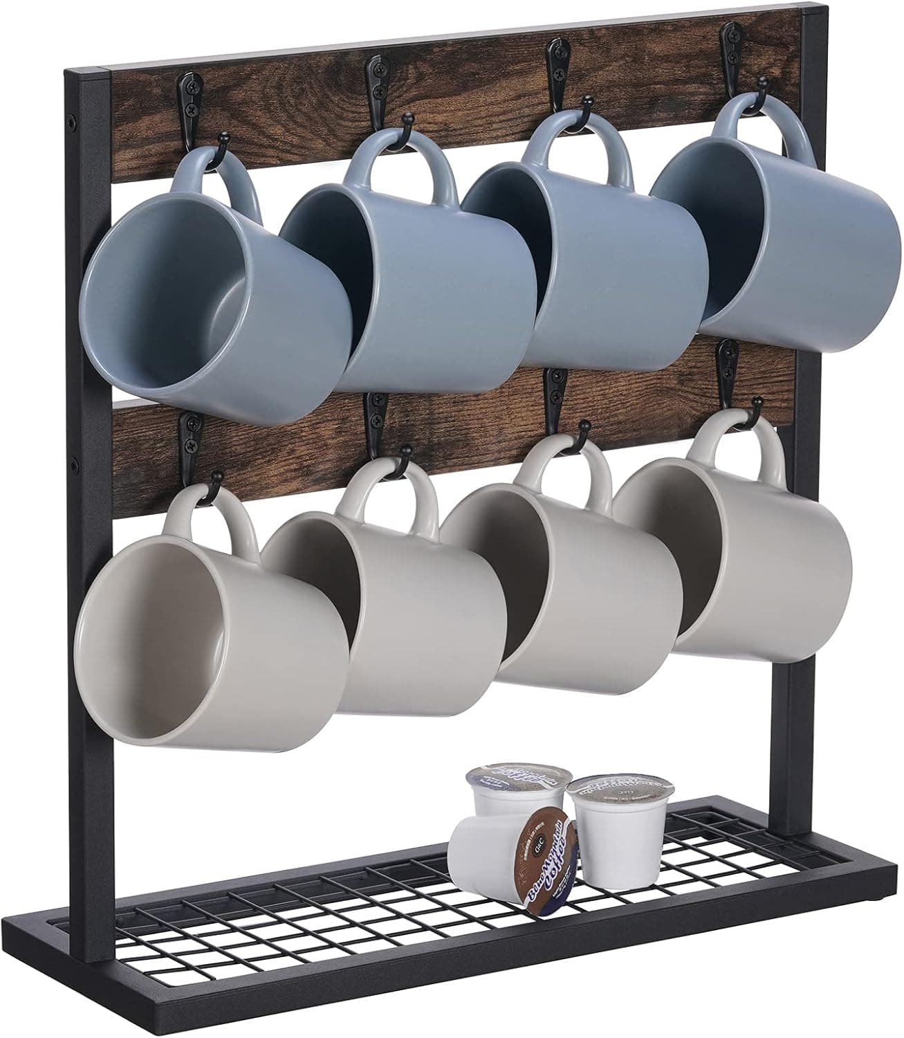 Giikin Coffee Mug Holder for Countertop-16 Hooks, 2 Tier Rustic Wood Coffee Cup Holder Stand with Metal Mesh Storage Shelf, Mug Tree Rack Holder, Brown