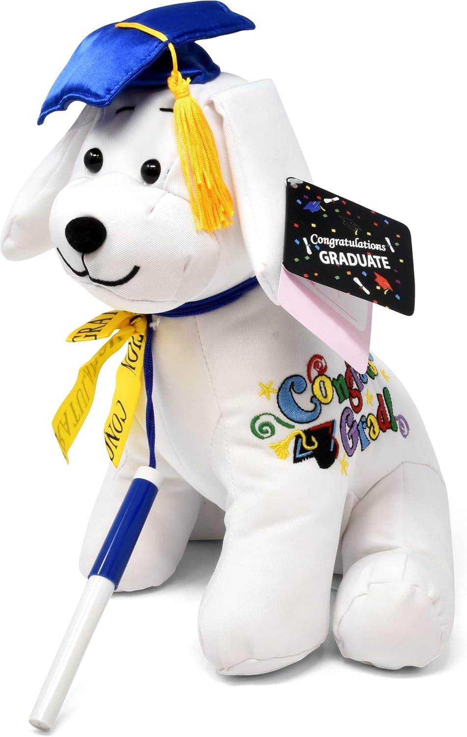 Gift Boutique Graduation Autograph Dog with Pen for Signature, Congrats Grad with Blue Hat 10.5”H Stuffed Plush Puppy Animal Gift Toys for Elementary Preschool Graduate Student Kids Party Decor