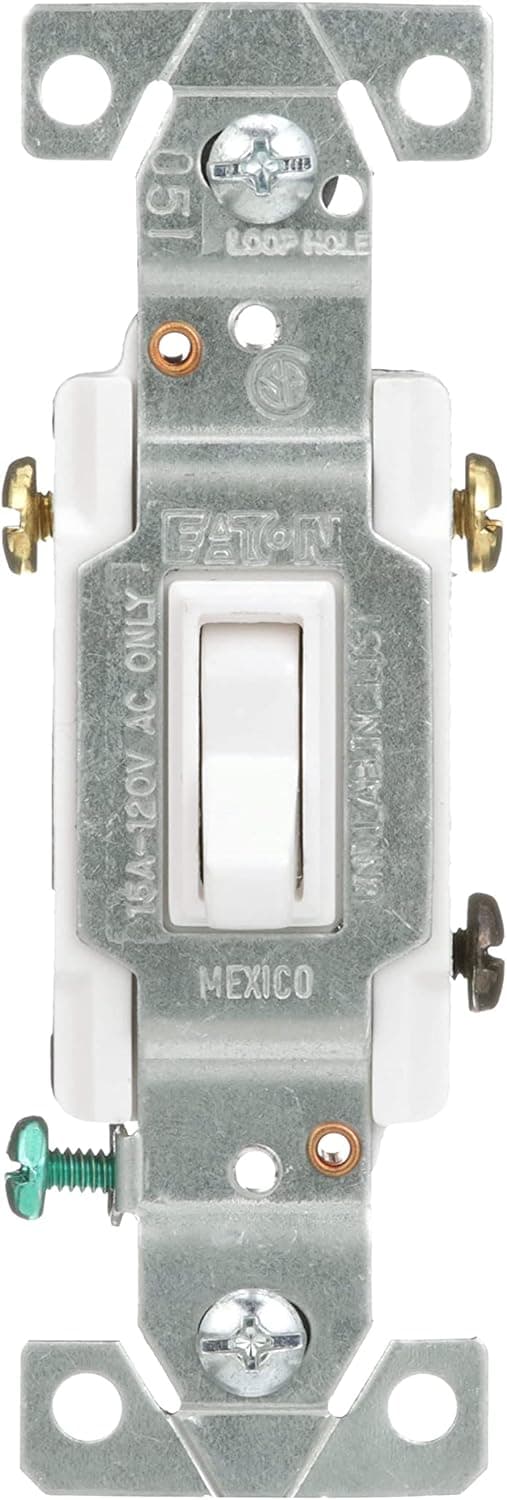 Eaton 1303-7LTWBOX 15-Amp 120-volt Standard Grade 3-Way Lighted Toggle Switch with Push and Side Wiring, Grounding, White