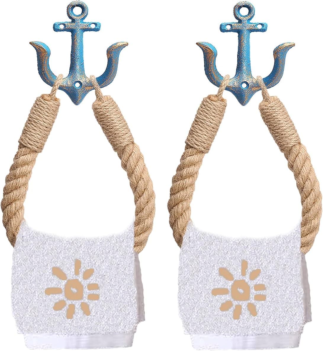 Amerla 2 Pcs Nautical Rope Toilet Paper Holder Wall-Mounted Towel Ring Nautical Toilet Paper Holder with Metal Hooks Coastal Towel Rack Natural Antique Rope （Blue+Blue）