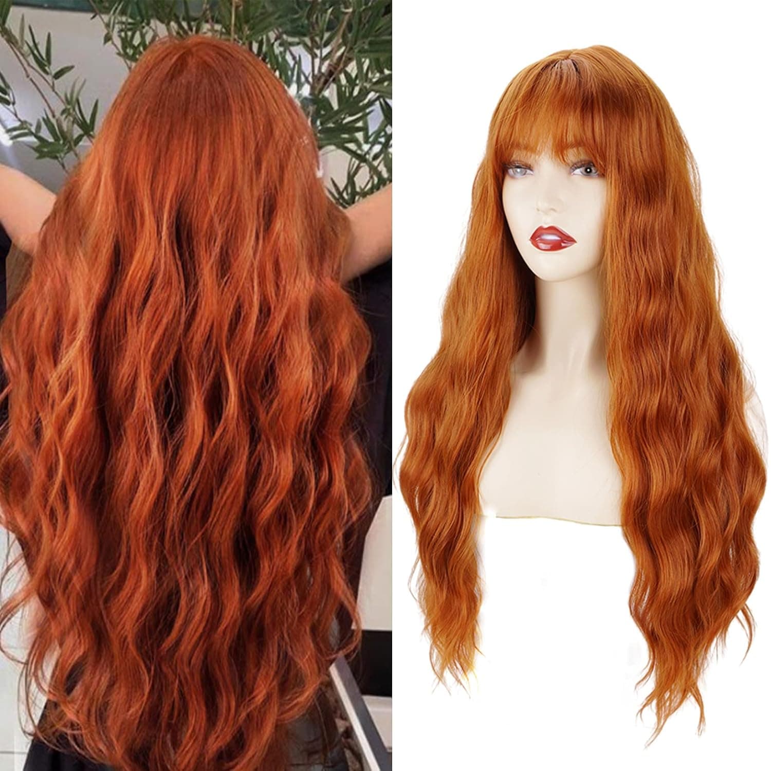 andromeda Auburn Wig with Bangs Long Wavy Wigs for Women Soft Synthetic Wig Heat Resistant Wavy Curls Wig Halloween Costumes Cosplay Wig(350#)