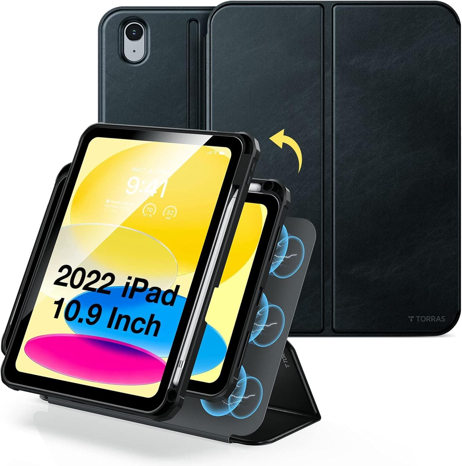 TORRAS Magnetic iPad 10th Generation Case (iPad 10.9-Inch Case 2022) with Multiple Viewing Angles, Protective iPad 10th Generation Case with Stand, Pencil Holder and Auto Wake Sleep, Black