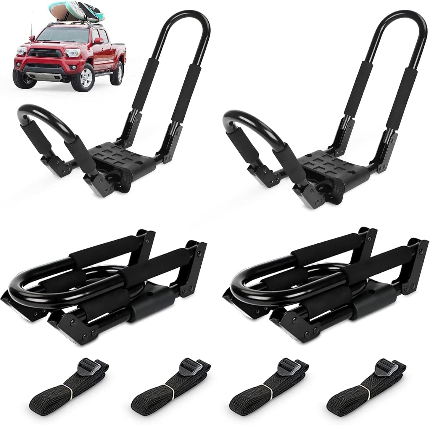 Ediors Kayak Roof Rack 2 Pairs, 4pcs Folding Car Roof Racks for Kayak, Canoe, Paddle Boards, Skiboard, Surfboard, Foldable Kayak Roof Carrier for Car, SUV, Truck(Two Pairs)