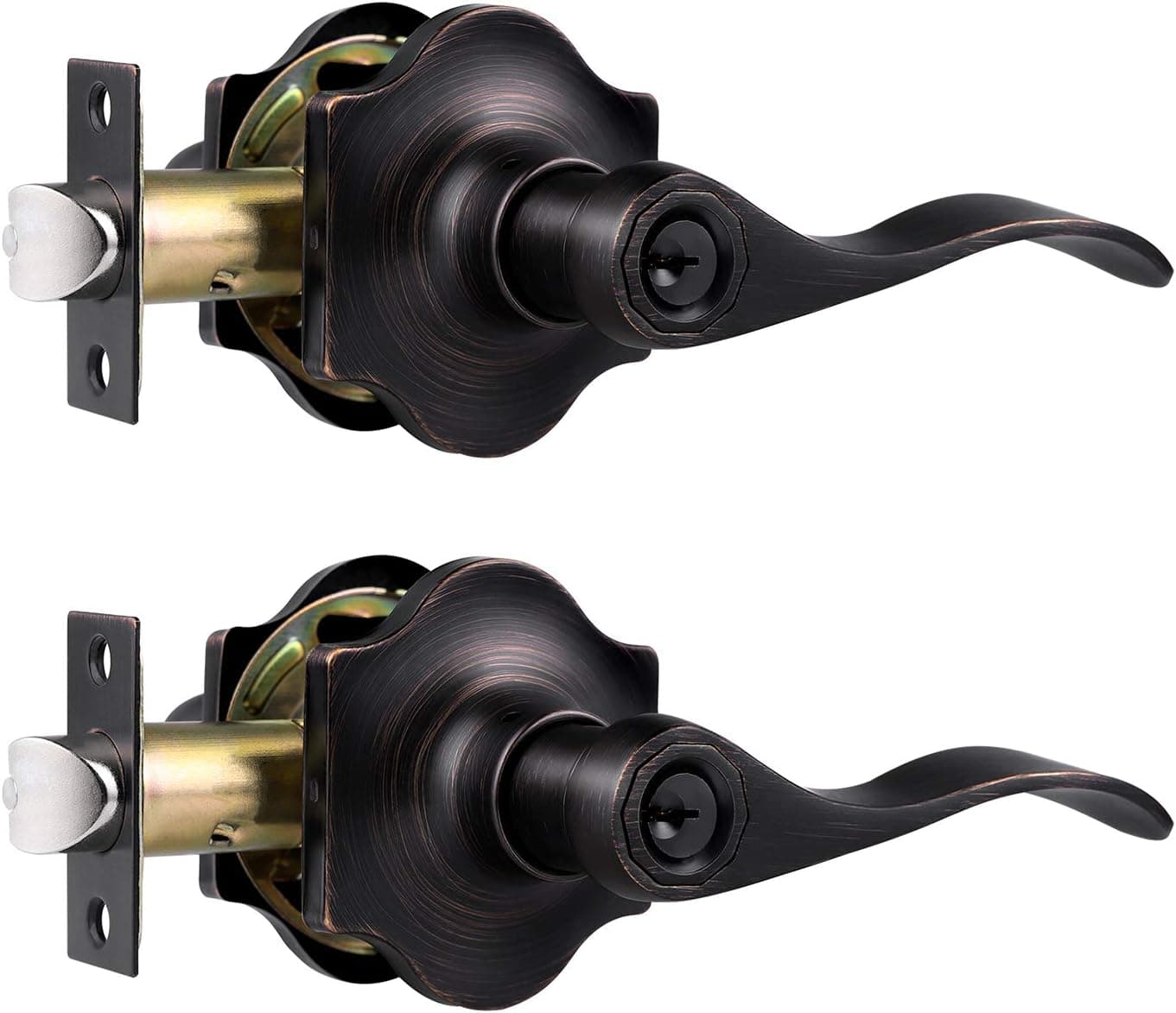 KNOBWELL Wave Style Door Lever with Lock Keyed Entry Door Lock Bronze Door Handles Leverset for Exterior/Interior Doors, Oil Rubbed Bronze 2 Pack Different Keys for Left/Right Handed