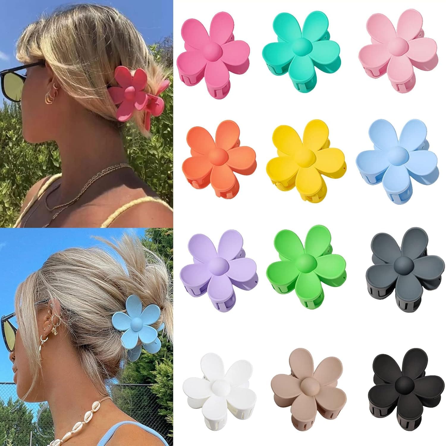 XTREND 12 Pcs Flower Claw Clips Large Anti-Slip Strong Fixing Plastic Hair Clips for Women Thick Hair 12 Colors Cute Claw Clips Matte Flower Hair Clips for Ladies Girls Thin Hair Accessories