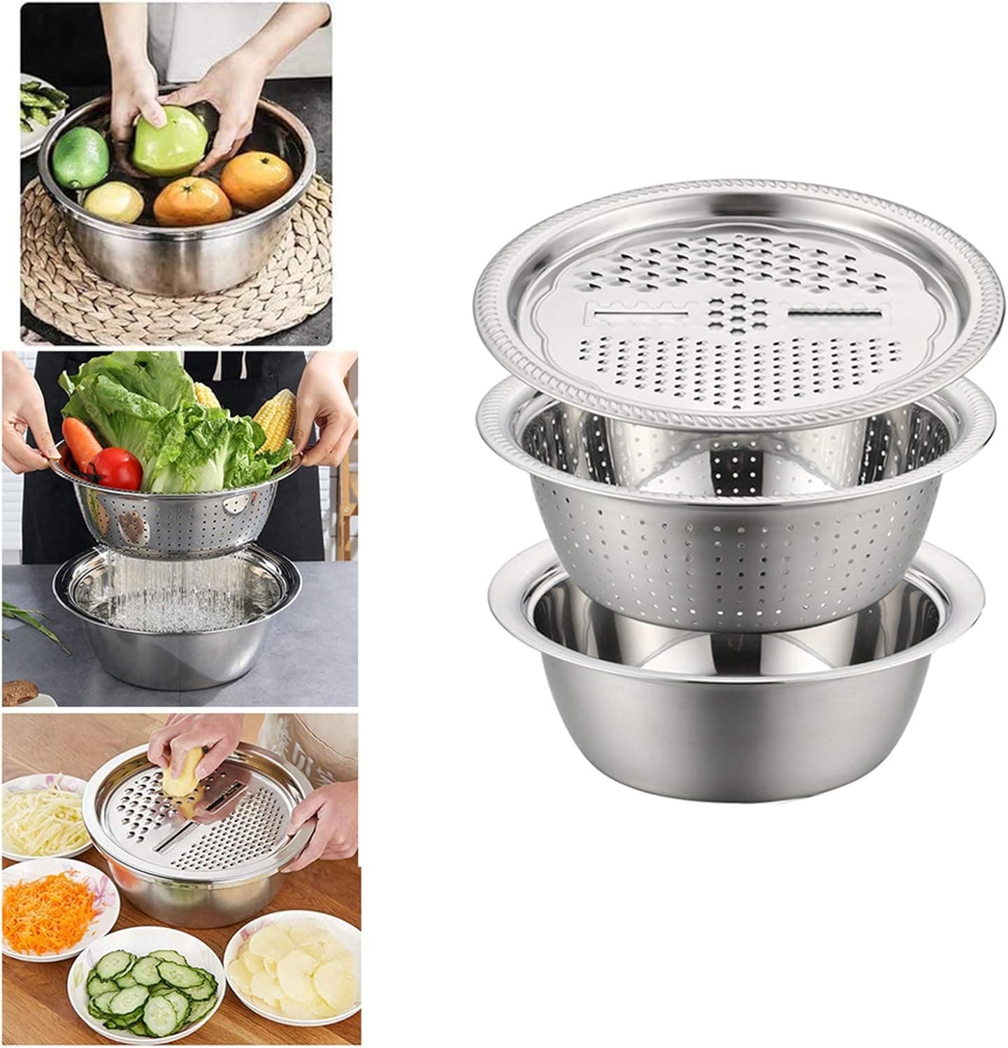 LCJDD Multifunctional Stainless Steel Basin with Grater, Vegetable Cutter with Drain Basket 3 in 1, Grater/Drain Tray/Bottom Basin for Fruits, Vegetable, Food (30cm)