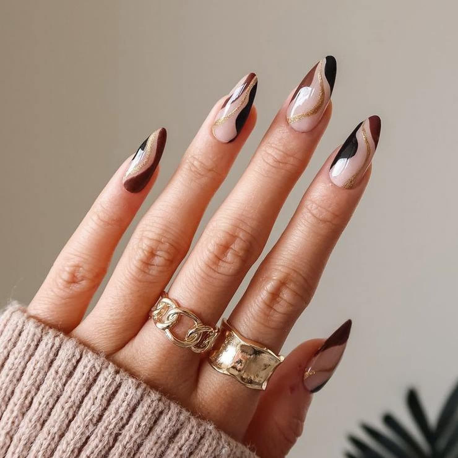 IMSOHOT Almond Press on Nails Medium Stiletto Fake Nails with Design Glossy False Nails Full Cover Glue on Nails Golden Stripes Nails Acrylic Nails for Women and Girls