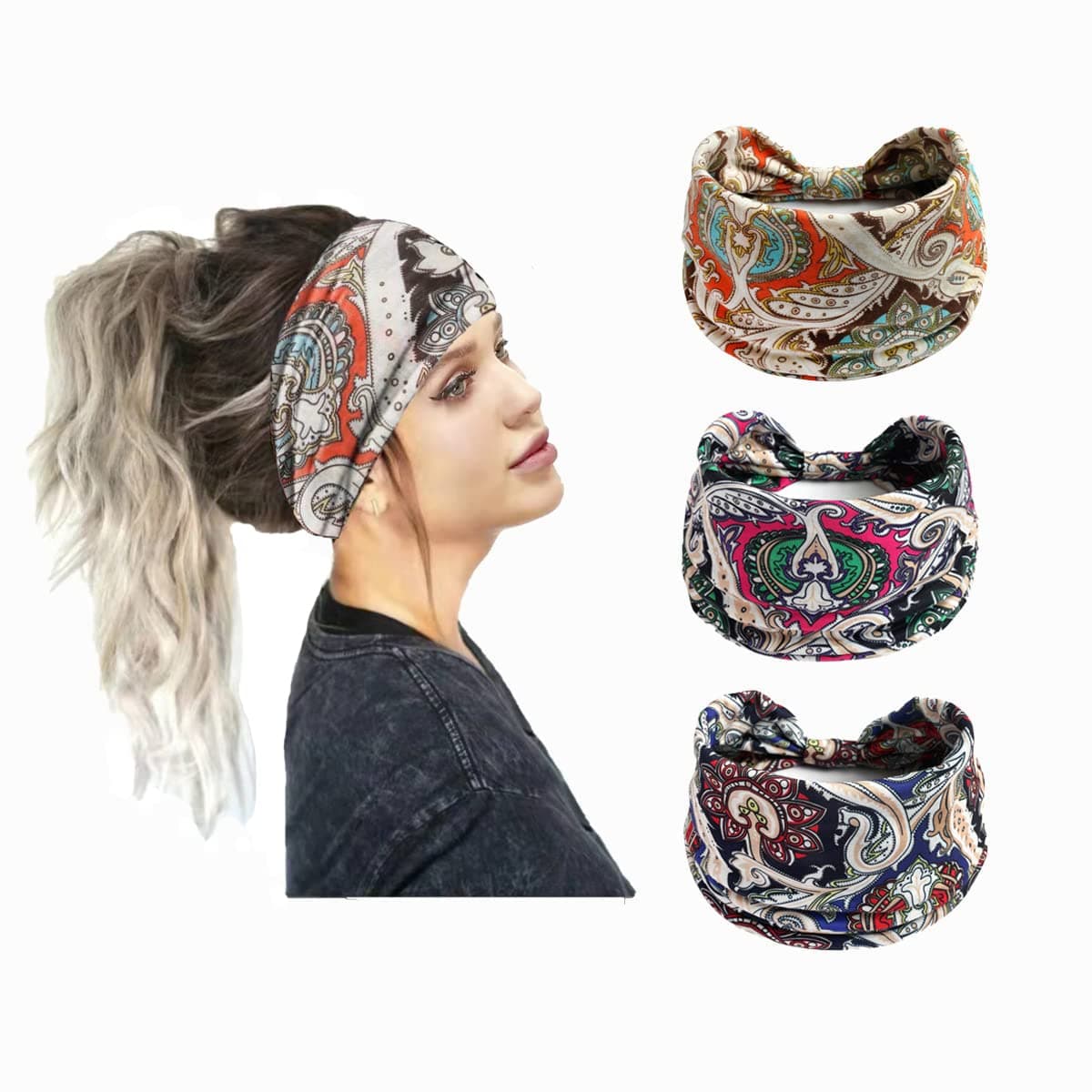 3 PCS Wide Boho Headbands for Women - IMOMENT Elastic Non Slip Workout Hairbands Stretchy Turban Headwraps Hair Accessories Daily Yoga Running Sports Beach Holiday (Set 19), Free Size