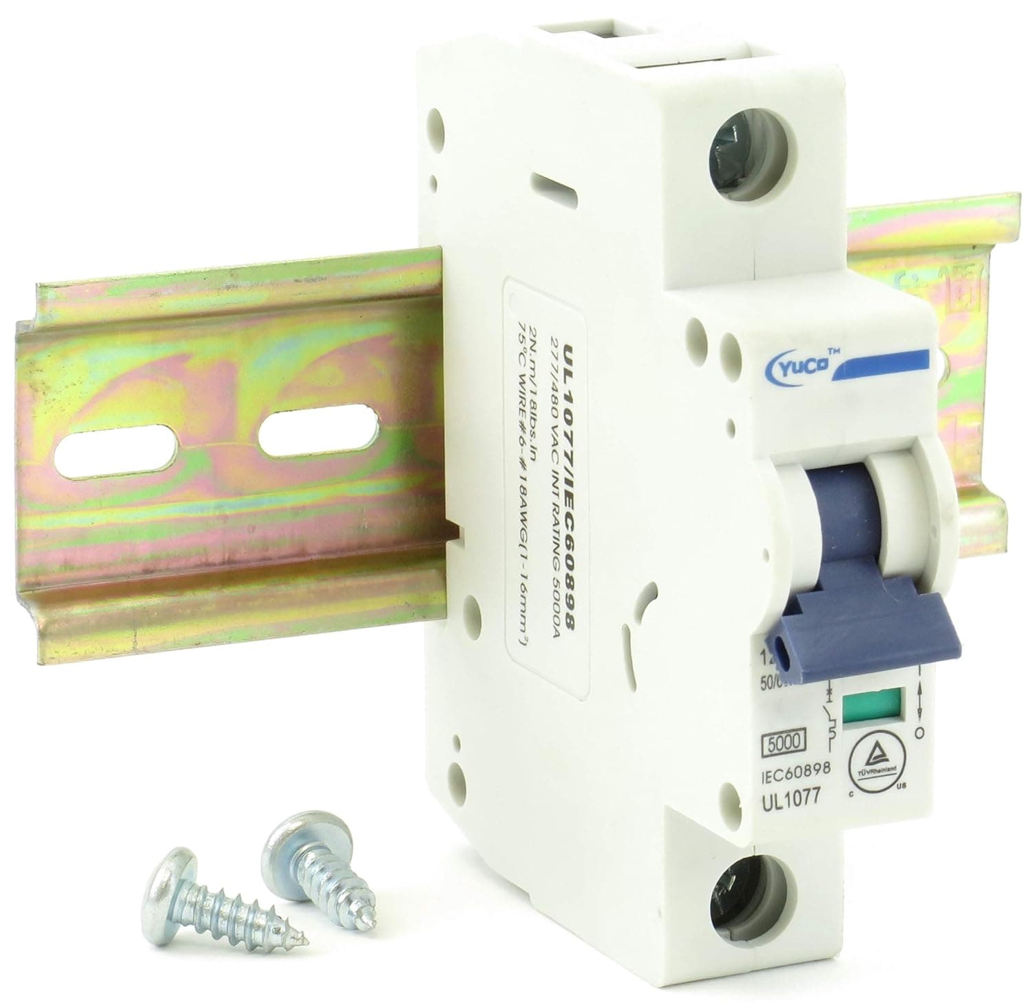 YC-1-1D with 6" Din Rail and 2 Screws Yuco Miniature Circuit Breaker D Curve 277/480VAC 115/220VDC (1 Pole, 1 Amp)