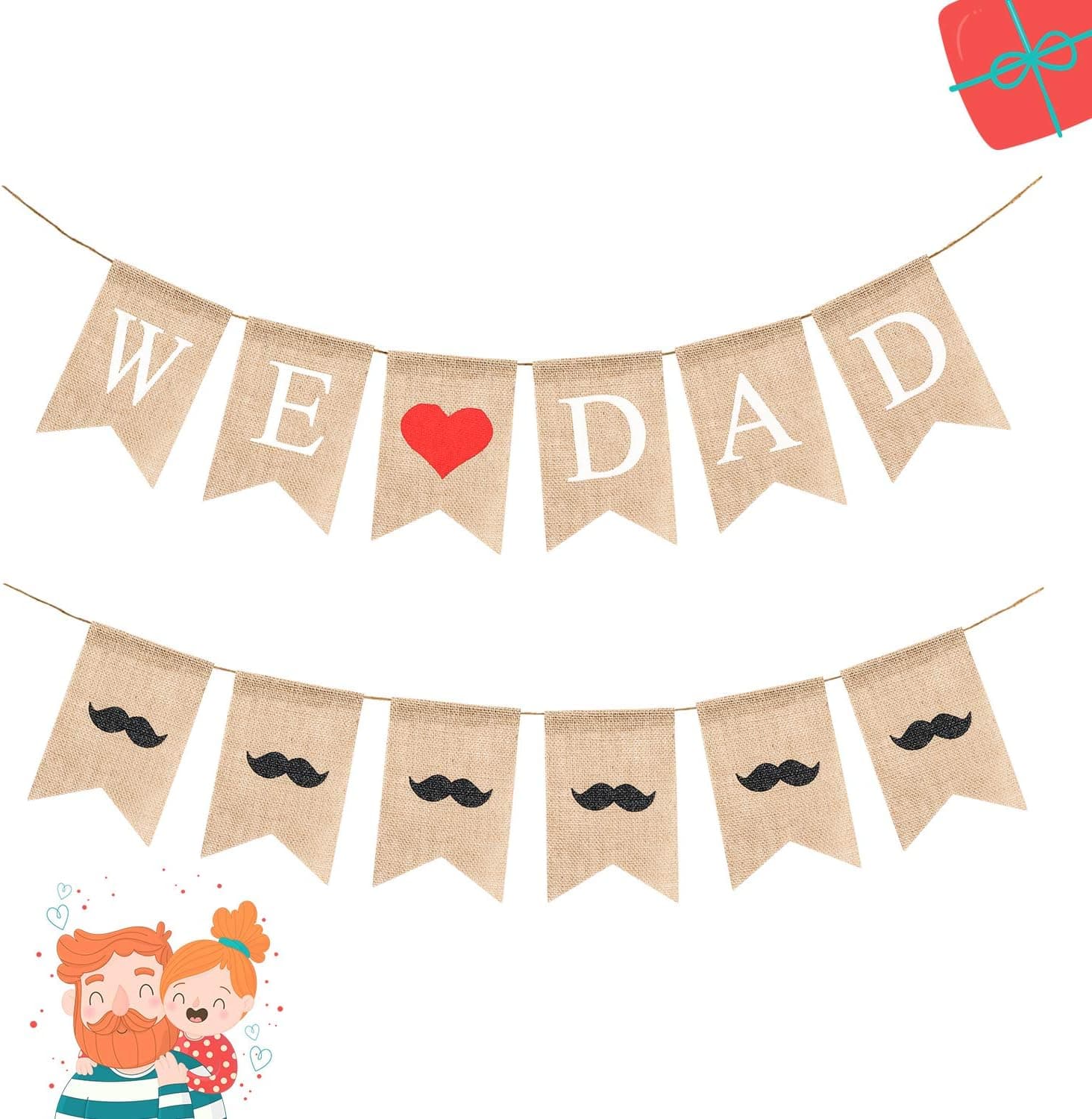 WATINC 2Pcs Happy Father’s Day Burlap Banner, We Love Dad Hanging Bunting Garland for Father’s Day Party Decorations Supplies, Father's Day party favors Supplies Gifts for Dad, Home Décor for Mantle
