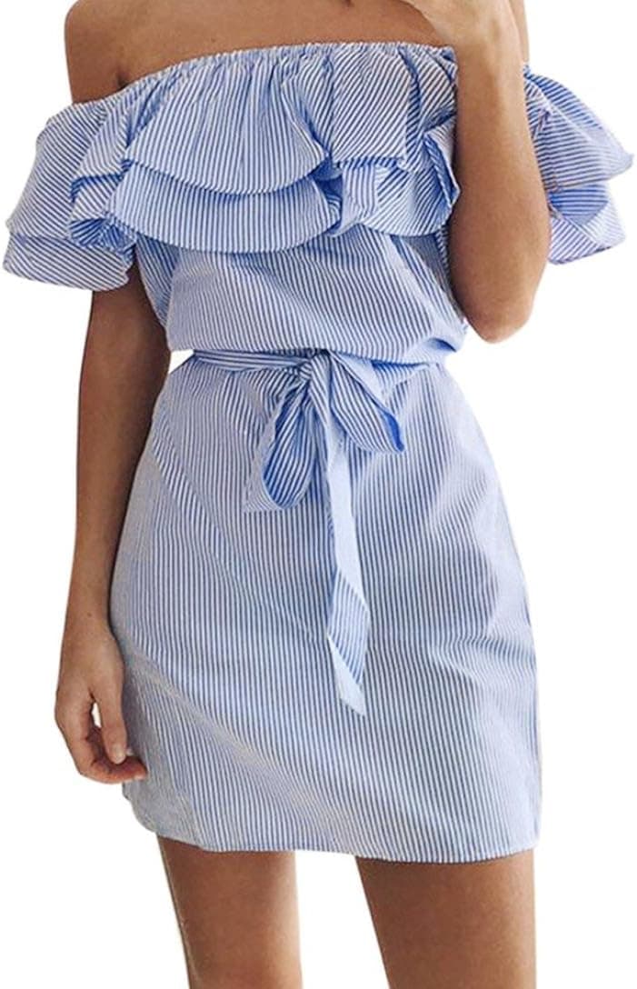 Summer Dress for Women The Shoulder Ruffle Dress with BeltStriped Off