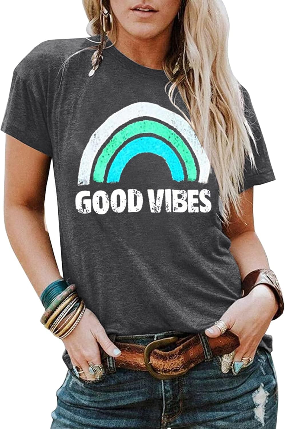 YEXIPO Womens Summer T Shirts Short Sleeve Graphic Tees Rainbow Funny Letter Print Casual Loose Cute Tops