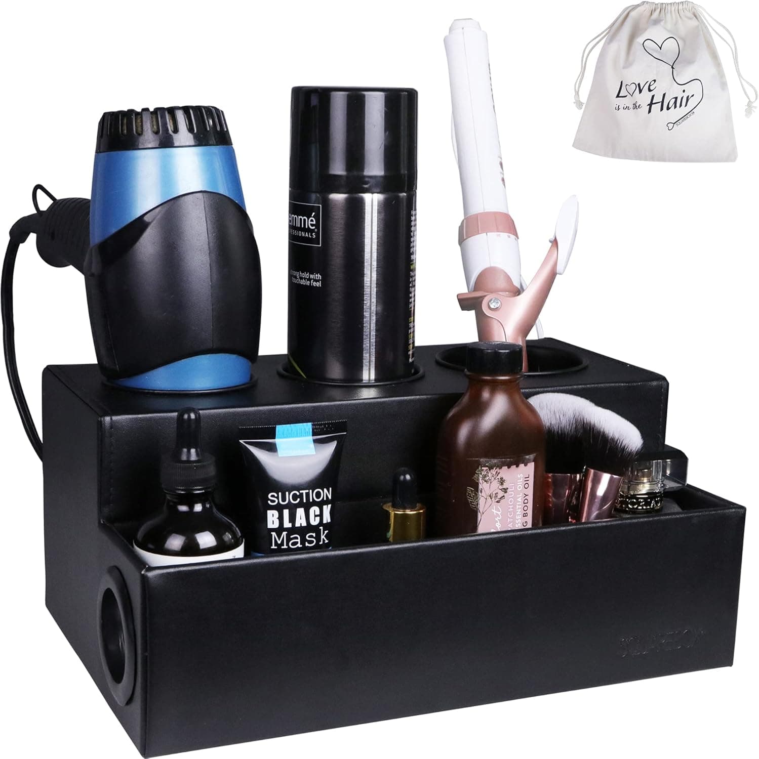SQUAREBOX Black Hair Tool Organizer - Blow Dryer, Curling Iron, Flat Iron Holder - Hair Styling Tools Accessories Organizer - Vanity Countertop Organizer - Free Travel Bag Gift! (Black)