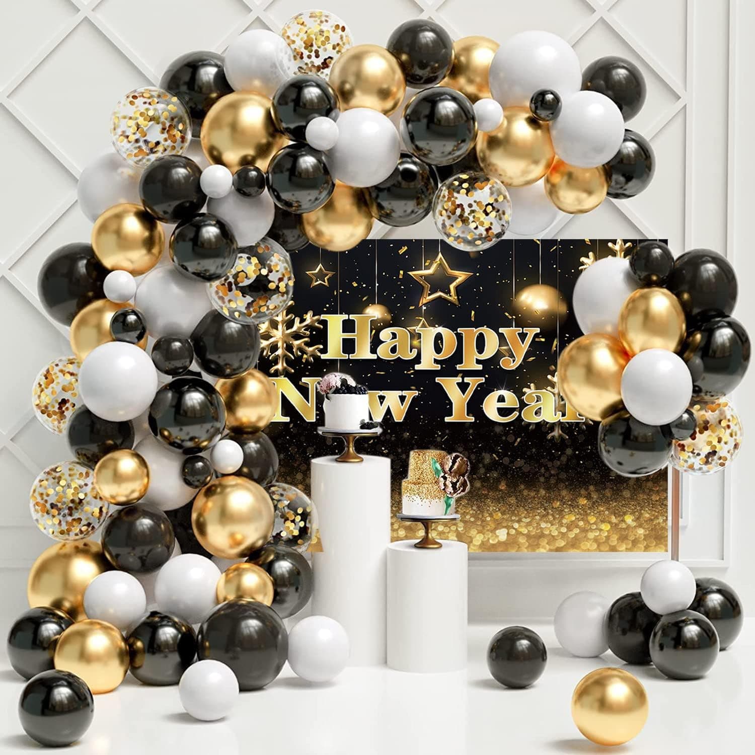 New Years Eve Party Supplies 2023, 85PCS Happy New Year Decorations 2023 Xtra Large Happy New Year Banner, Black and Gold Confetti Balloons, 2023 New Year Backdrop Party Decorations