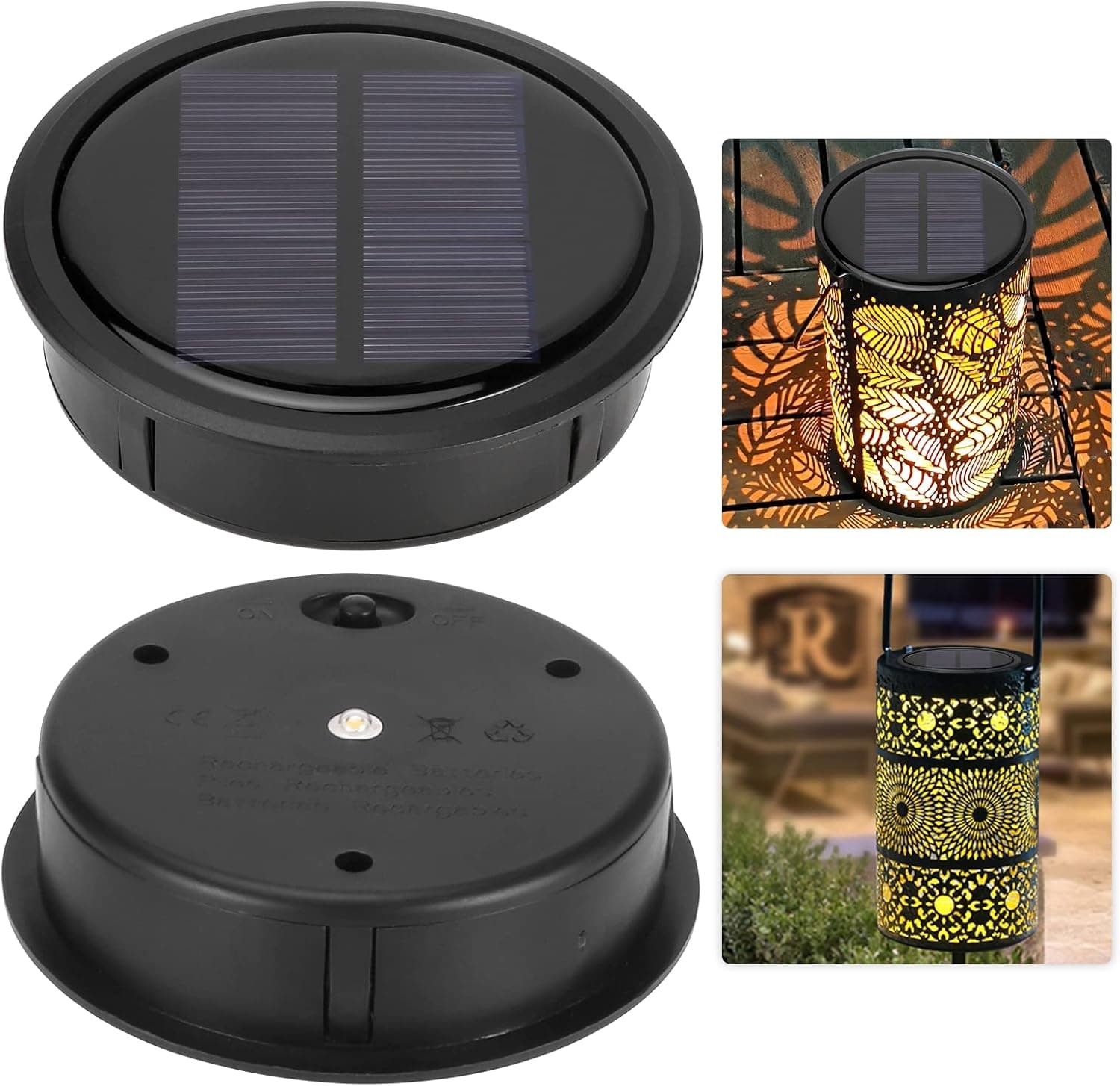2 pcs Upgraded Solar Light Replacement Top for Outdoor Hanging Lanterns, 4.13 inch Warm White LED Solar Panel Lantern Lid Lights Parts, DIY Home Garden Night Decor Patio Lighting (Black - Round)