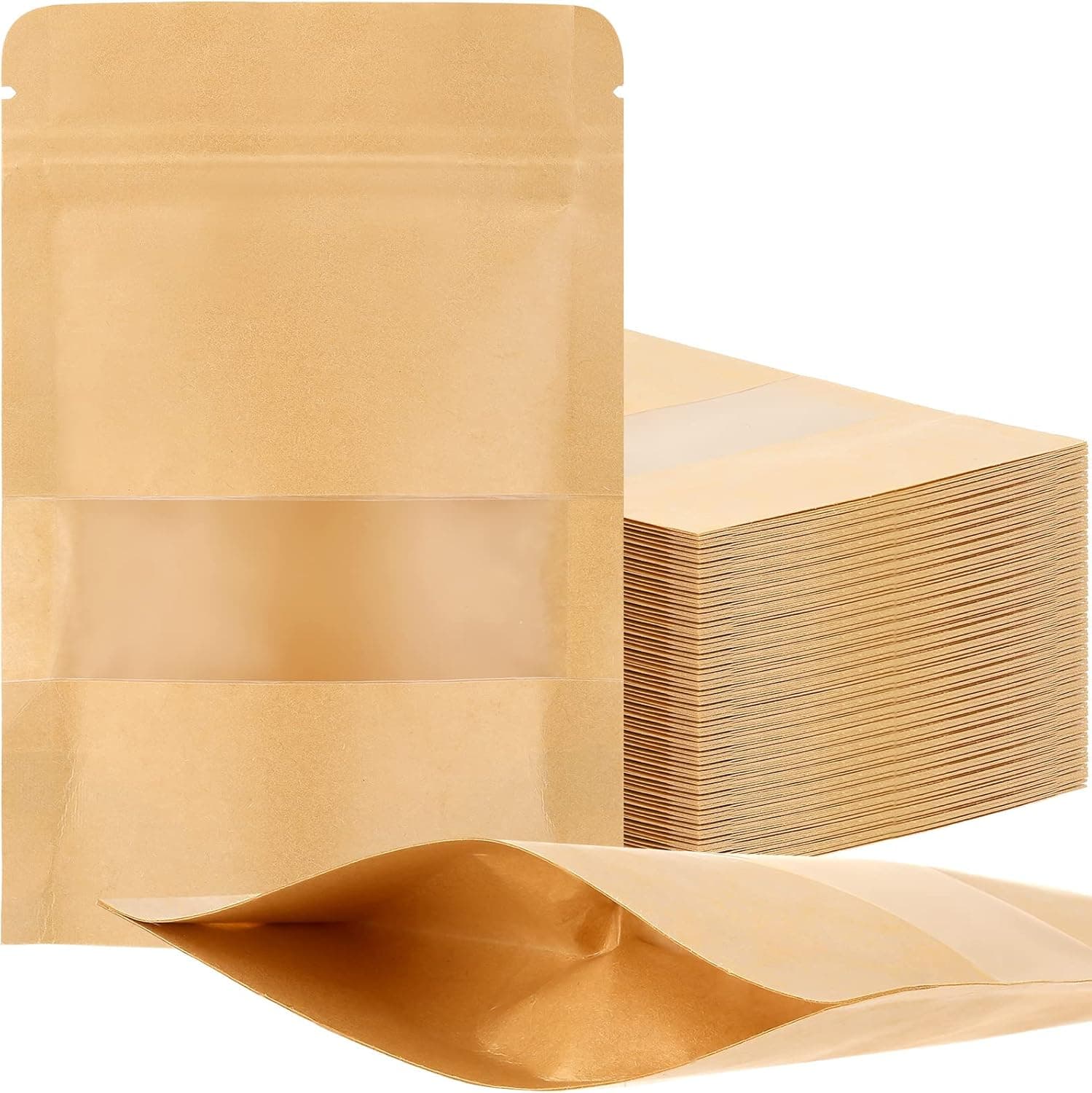300 Pcs Kraft Bags with Window Kraft Stand up Paper Bags Kraft Zipper Lock Pouches Bulk Mini Food Storage Bags Reusable Heat Sealable Bags for Packaging Home Business (4 x 6 Inch)