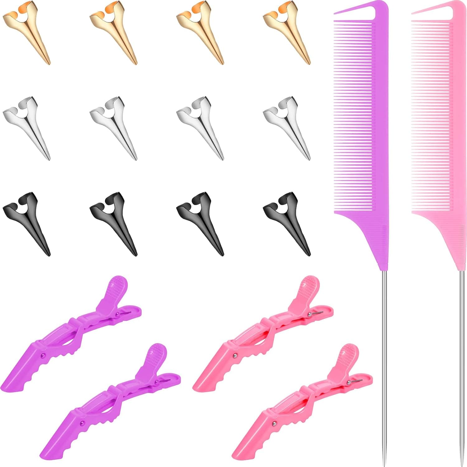 18 Pieces Hair Braiding Hair Parting and Selecting Hair Sectioning Ring for Braiding Curling Installation of Human Hair Extensions Pintail Rat Tail Comb Wide Teeth Sectioning Hair Clip for Women Girls