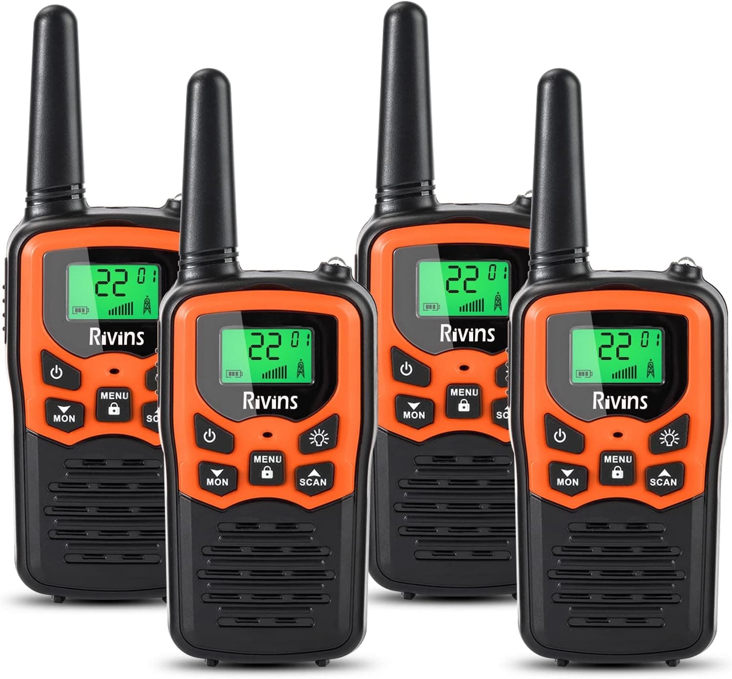 Walkie Talkies RV-7 with 22 FRS Channels, Rivins Walkie Talkies Long Range for Adults with LED Flashlight VOX Scan LCD Display, Handheld Walkie Talkie for Hiking Camping Trip (Orange 4 Pack)