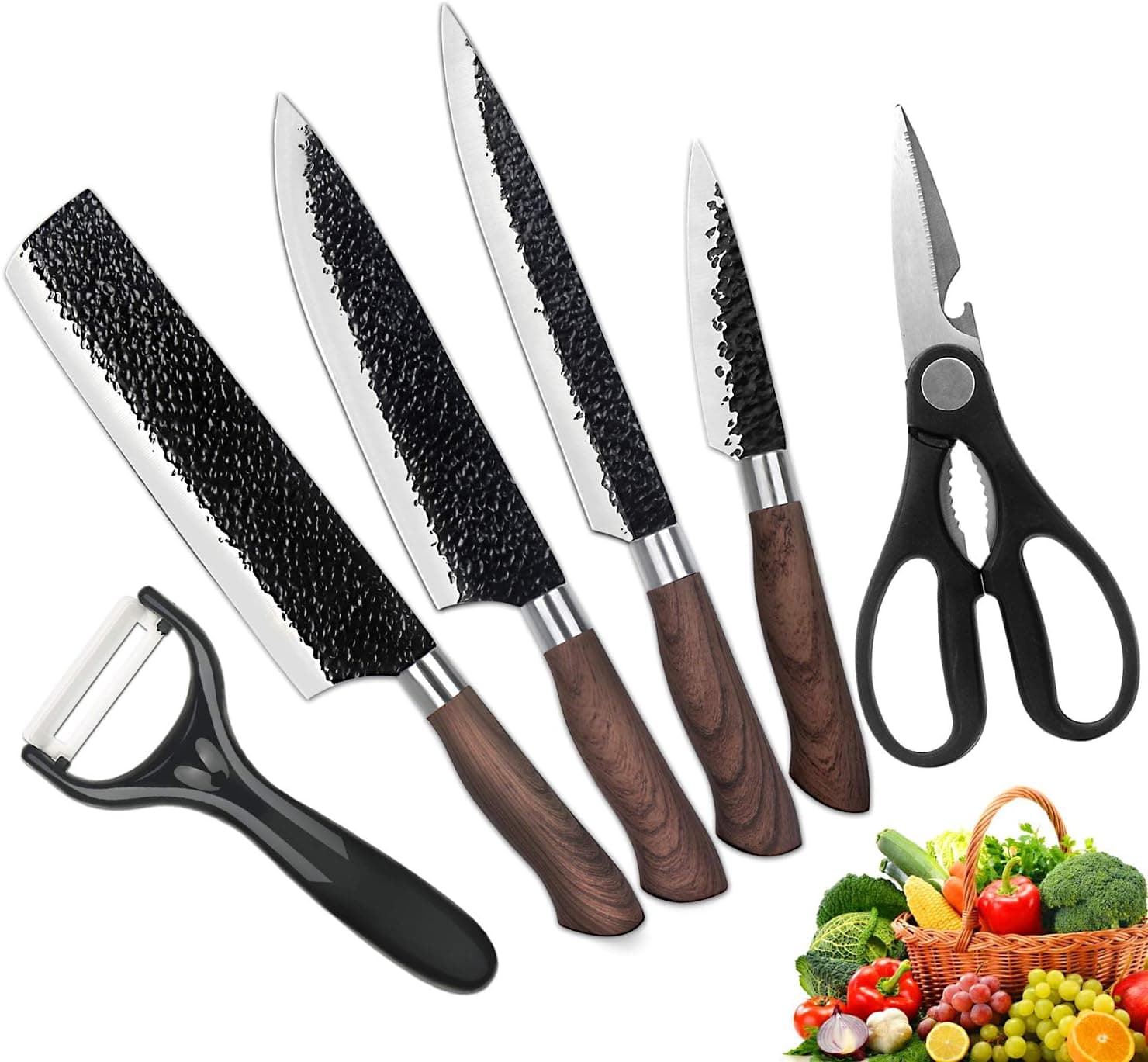 Kitchen Chef Knives Set with Wood Grain Handle 6 Pieces Stainless Steel Sharp Professional Knife Set with Sheath, Scratch Resistant & Rust Proof for Chef Cooking Paring Cutting Slicing