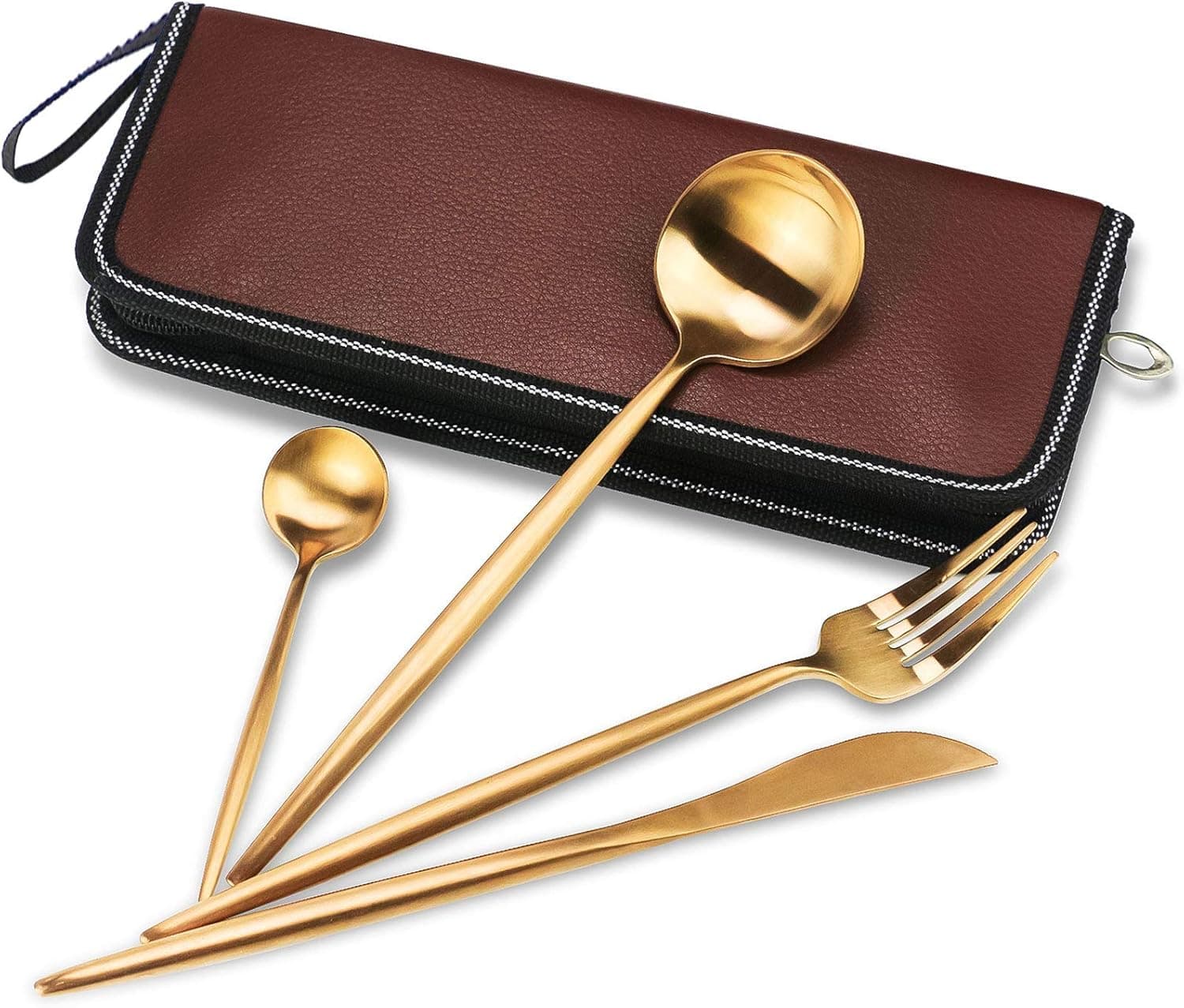 4 Pieces Spanish Stainless Steel Flatware Set, Knife Fork Spoons, Travel Camping Cutlery Set, Reusable Lunch Box Utensils, Portable Travel Silverware Set(4pcs golden with a leather box)