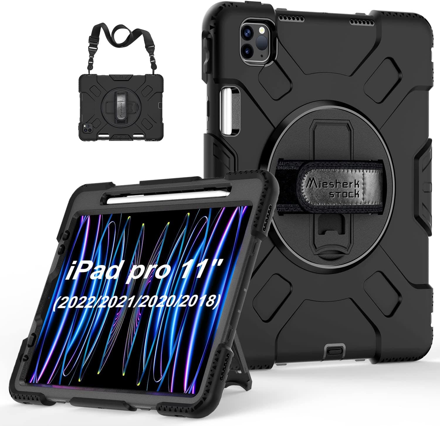 Miesherk STOCK iPad Pro 11 Case 2022 4th Generation/ 2021 3rd Gen: Military Grade Protective Silicone Cover for iPad 11 Inch 2nd Gen 2020/2018 W/- Stand- Handle- Shoulder Strap- Pencil Holder- Black
