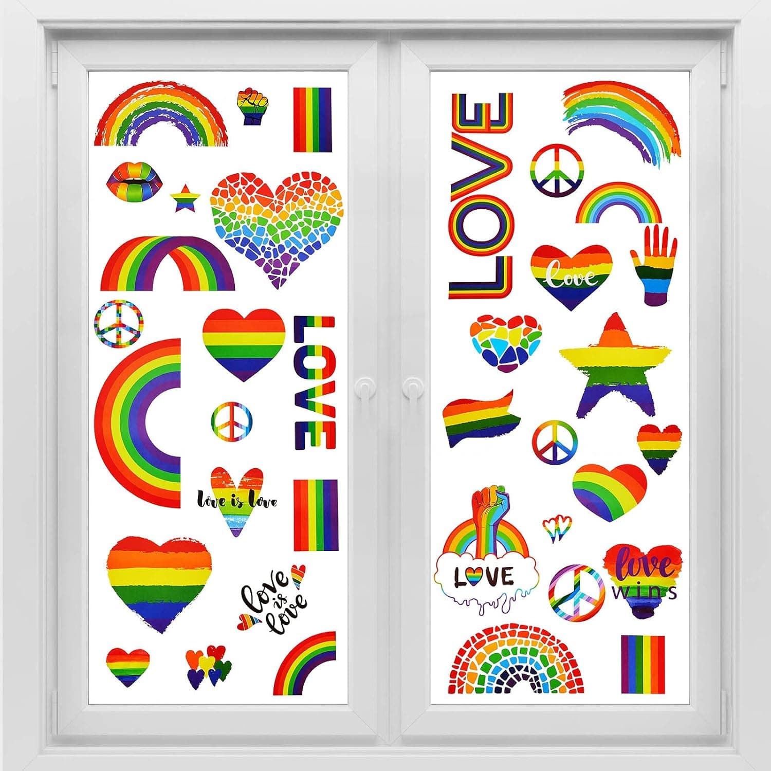 Gay Pride Rainbow Window Clings Rainbow Heart Sticker Love Word Homosexuality Love is Love Window Clings for Home Bedroom Bathroom Kitchen Office Decor Support LGBT (18 Pieces)