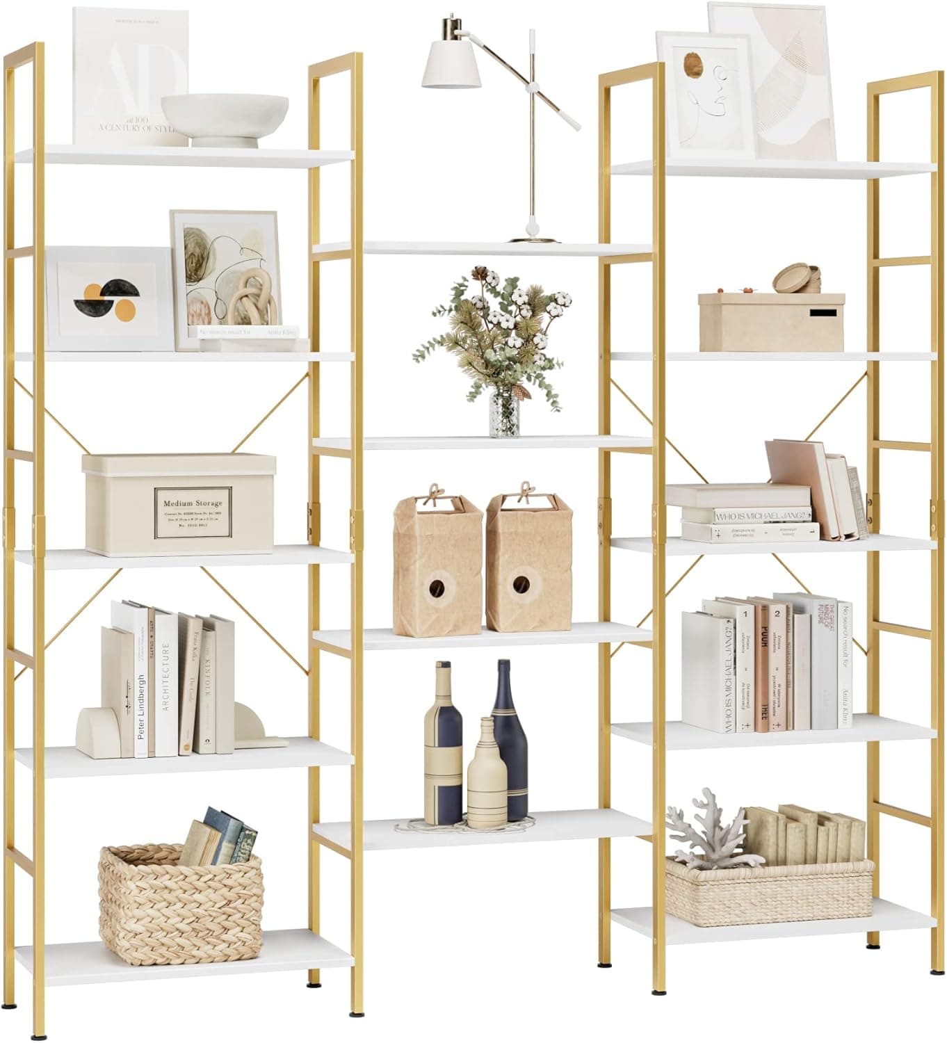 finetones Triple Wide 5-Tier Bookshelf, Large Industrial Bookcase with Metal Frame, 68.5 x 11.8 x 68.1 in, Tall Open Storage and Display Rack for Home Office, White and Gold