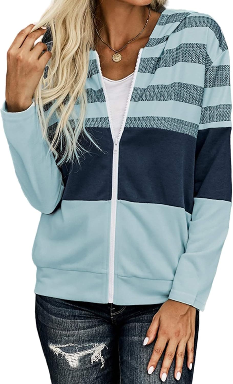Women Casual Full Zip Up Stripe Hoodie Comfy Loose Long Sleeve Sweatshirt Solid Color Jacket with Pockets