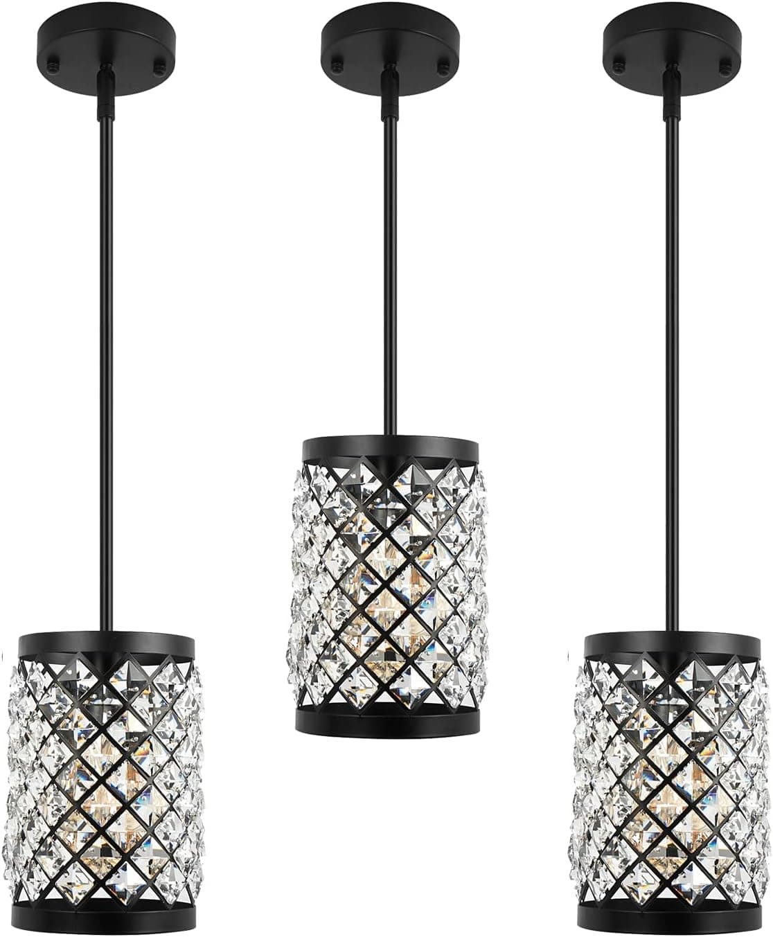 KIGHSIN Modern Black Crystal Pendant Light, Contemporary Industrial 1-Light Small Hanging Prism Glass Mini Chandelier for Kitchen Island Dining Room Living Room Bedroom Hallway (3 Pack)