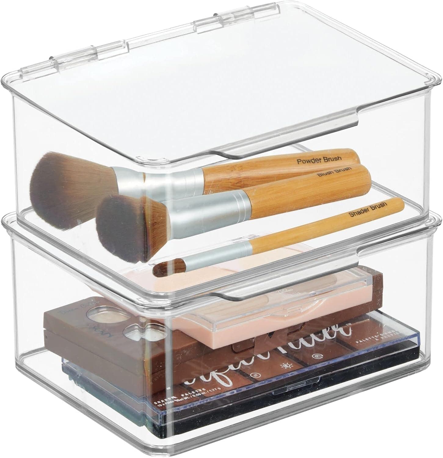 mDesign Plastic Cosmetic Storage Organizer Box Containers, Hinged Lid for Bedroom, Bathroom Vanity Shelf or Cabinet, Holds Masks, Palettes, Nail Polish, Lumiere Collection, 2 Pack - Clear