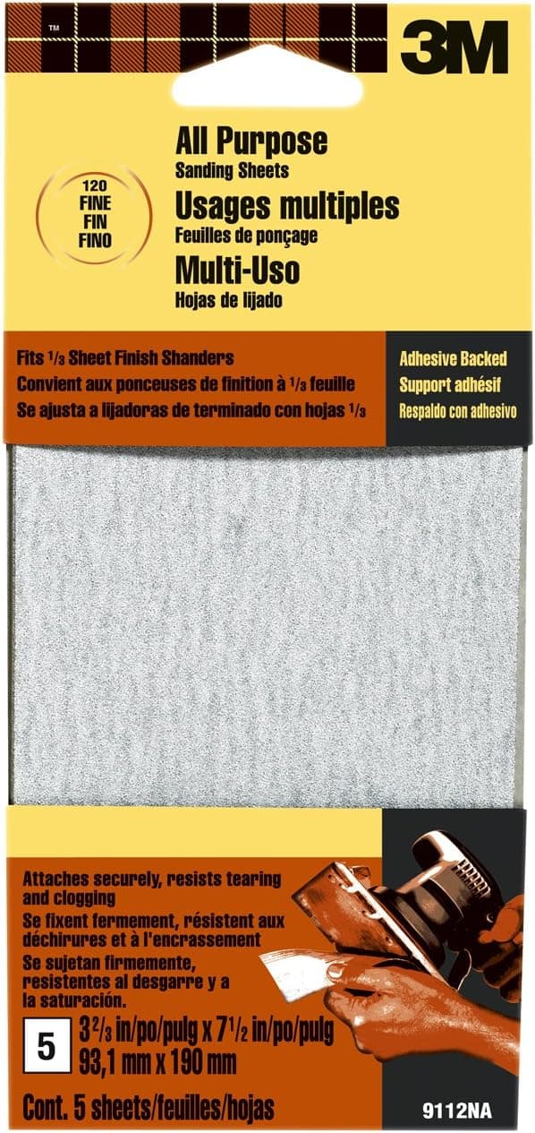 3M 9112DCNA 3.66-Inch x 7.5-Inch Adhesive Backed Sandpaper Sheets, Fine Grit, 5-pack