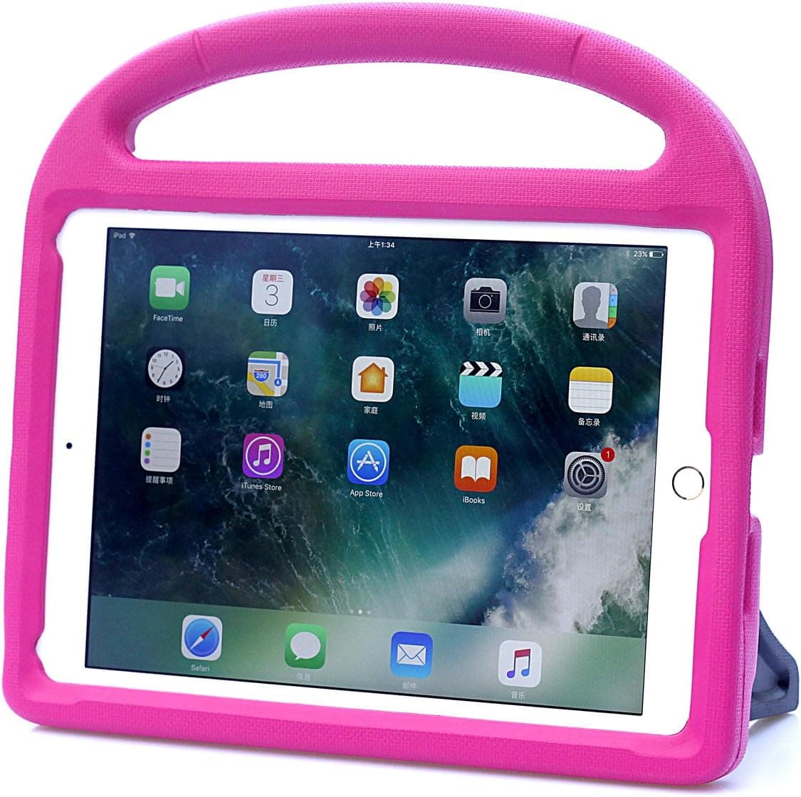 MENZO Kids Case for New Ipad 9.7 2017, Light Weight Shockproof Silicone Handle Stand Kids Friendly Case for iPad Air/iPad Air 2 / iPad Pro 9.7 / New iPad 9.7 inch (2017 Version) Tablet, Rose