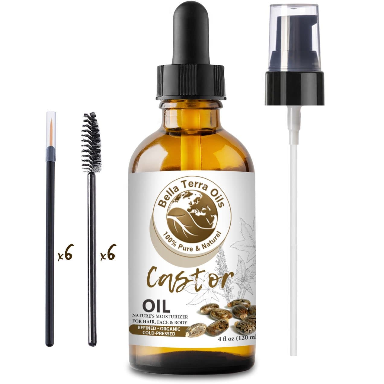 Castor Oil. 4oz. 100% Pure. Cold-pressed. Refined. Organic. Non-toxic. Chemical-free. Soothes Skin and Nourishes Hair. Natural Moisturizer for Hair, Face, Body, Eyebrow, Eyelashes, Nails. Bella Terra Oils.