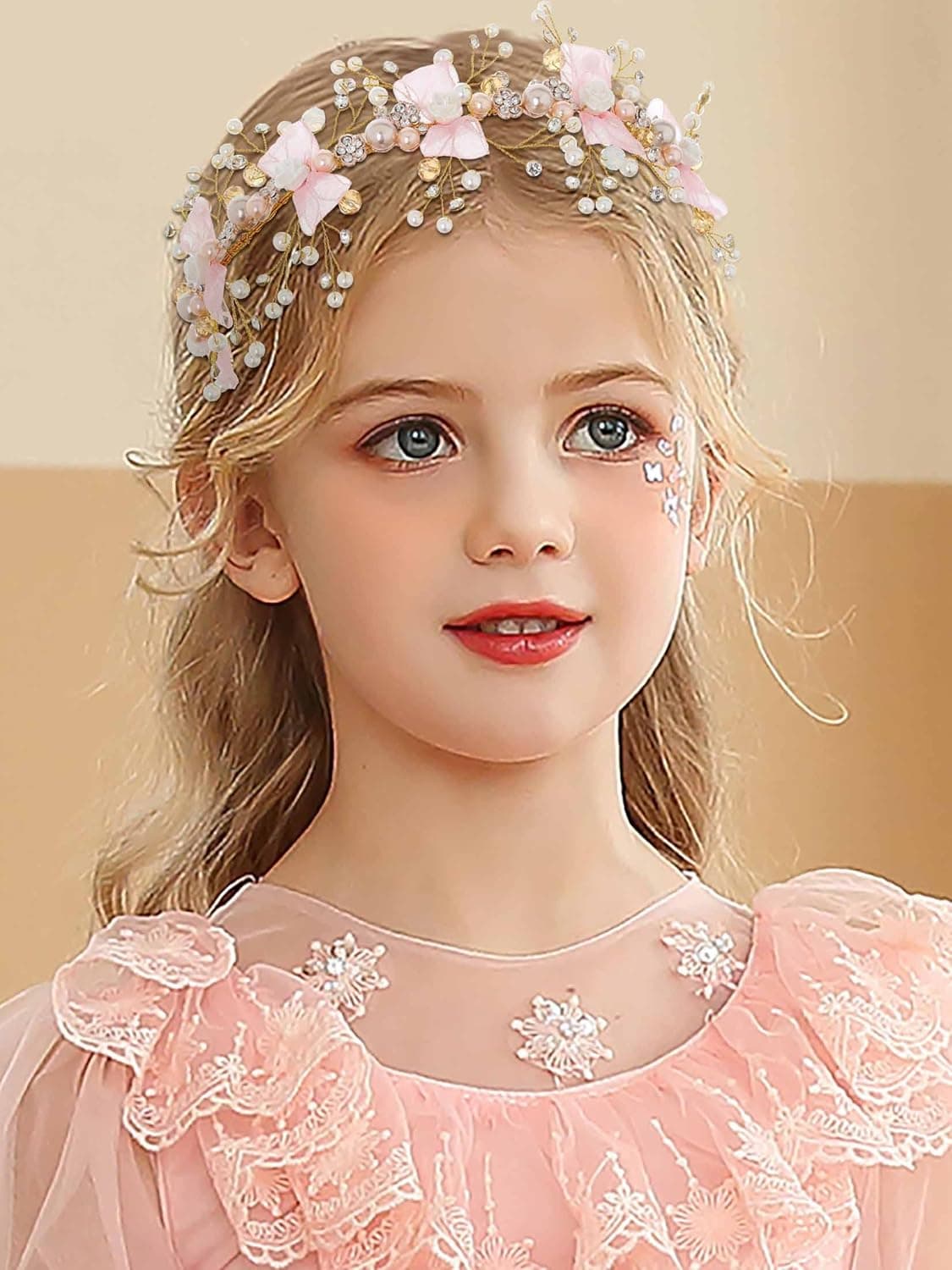 Campsis Princess Flower Girl Headpiece for wedding Gold Crystal Floral First Communion Headband Cute Tulle Bow-knot Rhinestone Pearl Hair Accessories Bridal Bride Prom Photography for Girls and Women