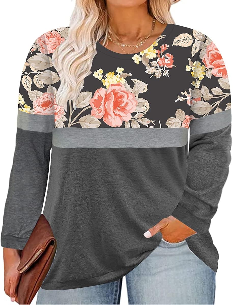 TIYOMI Plus Size Shirts Women Raglan Long Sleeve Round Neck Colorblock Color Block Tops Pink Floral Flower Print Tunic Autumn Fall Winter Early Spring Hoodie Hoodless Sweater Gray Light Grey 2XL