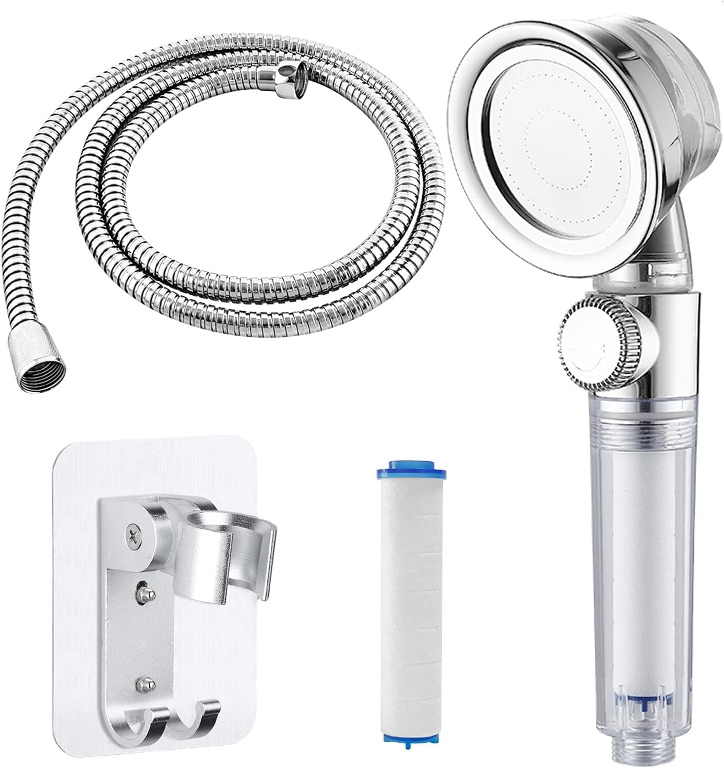 Cadelon Filtered Handheld Shower Head with Replacement Hose and Adjustable Bracket, Water Saving High Pressure Turbocharged Shower head for Bathroom (Sliver Round Head, Transparent Handle)