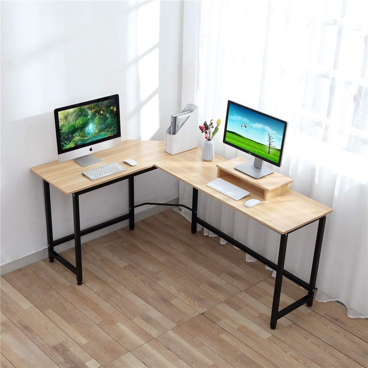 CrazyLynX Computer Desk Corner Desk PC Workstation Table with Monitor Stand for PC Laptop, for Home Office, Wood & Metal (Teak) …