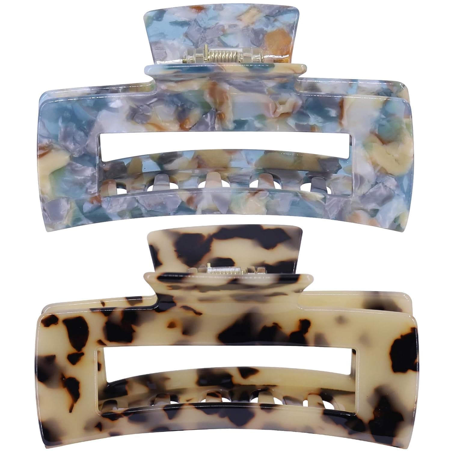 2PCS Large Floral Leopard Print Claw Clips for 90S Hairstyles Strong Hold Rectangle Hair Accessories for WomenThick Long Hair (Blue Floral + Leopard Print)