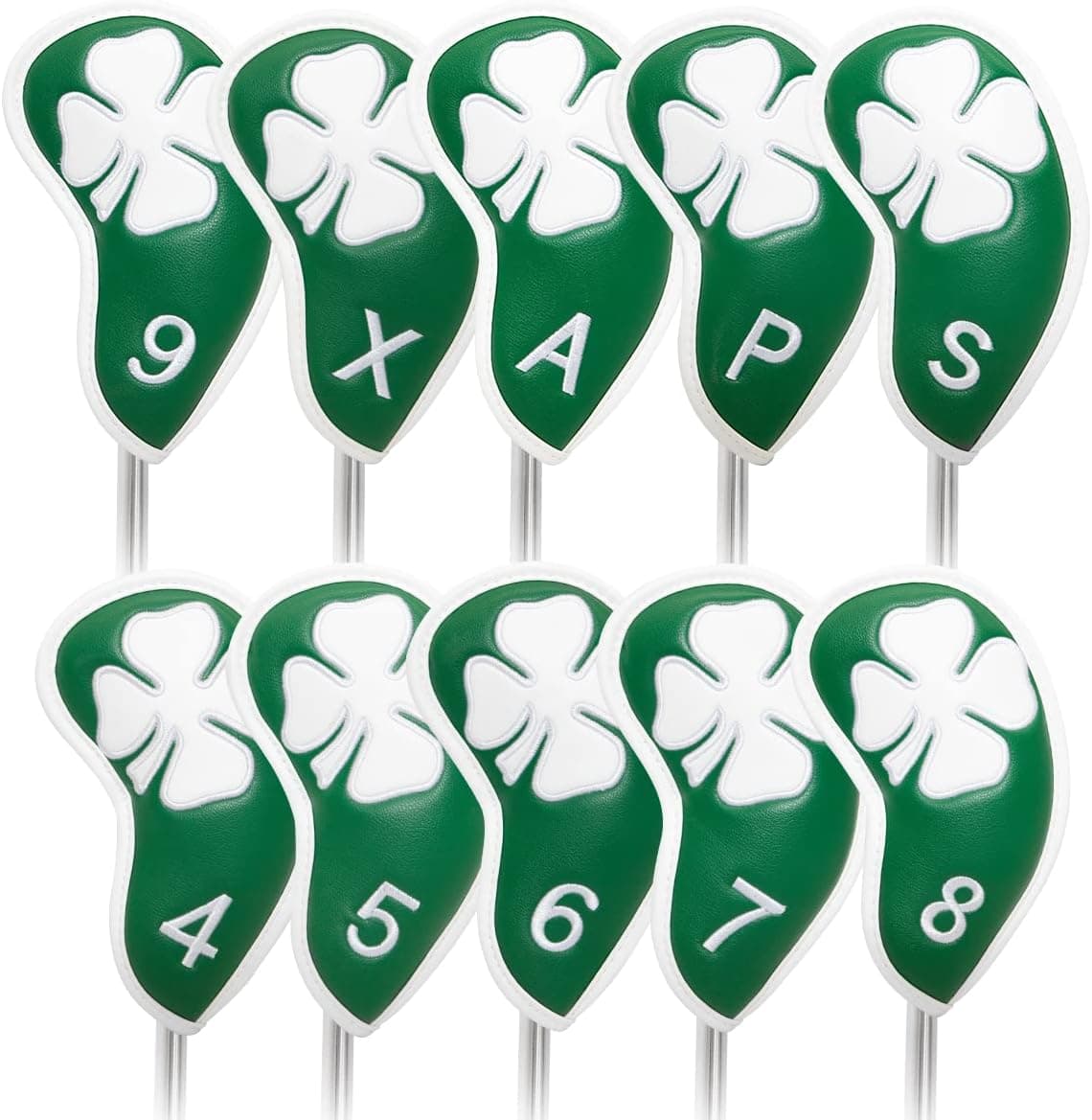 Golf Iron Covers,Golf Iron Head Covers Leather Golf Iron Covers Set 10pcs Golf Iron Headcovers,Lucky Clover Golf Club Head Covers for Iron with Magic Tape Fit All Brands Titleist,Callaway,Ping