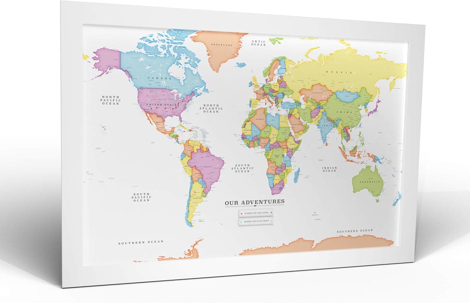 Thunder Bunny Labs Push Pin World Map - Framed - 27" x 39" (Bright Colors) (White Frame)